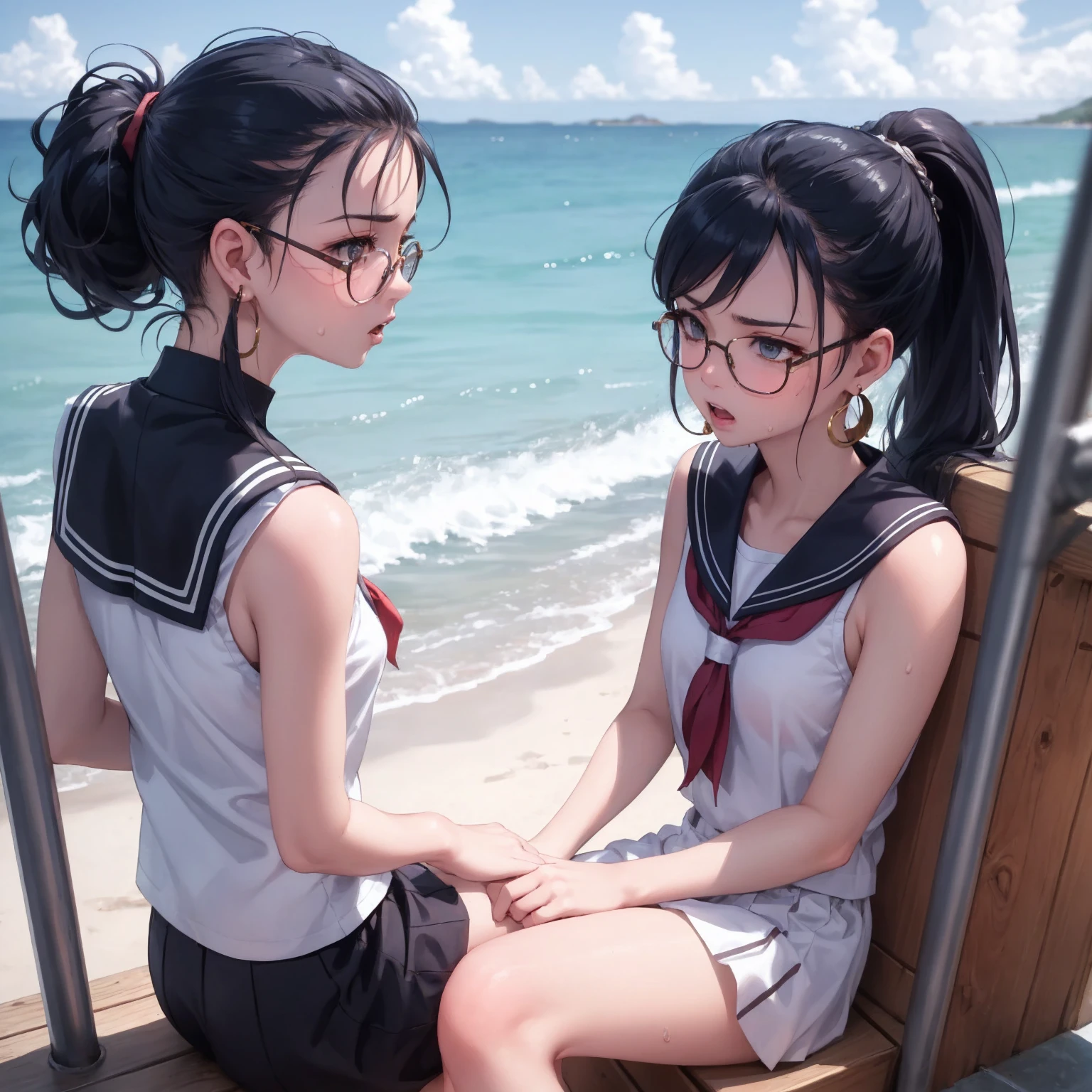 Masterpiece, Top quality, Earrings, Sailor suit, Black hair, Small breasts, Girl, Upper body, Hot, Sweating, Sitting, Ponytail, Looking at camera, Sea, Summer, Facing forward, Spreading legs, Angry, Wearing glasses