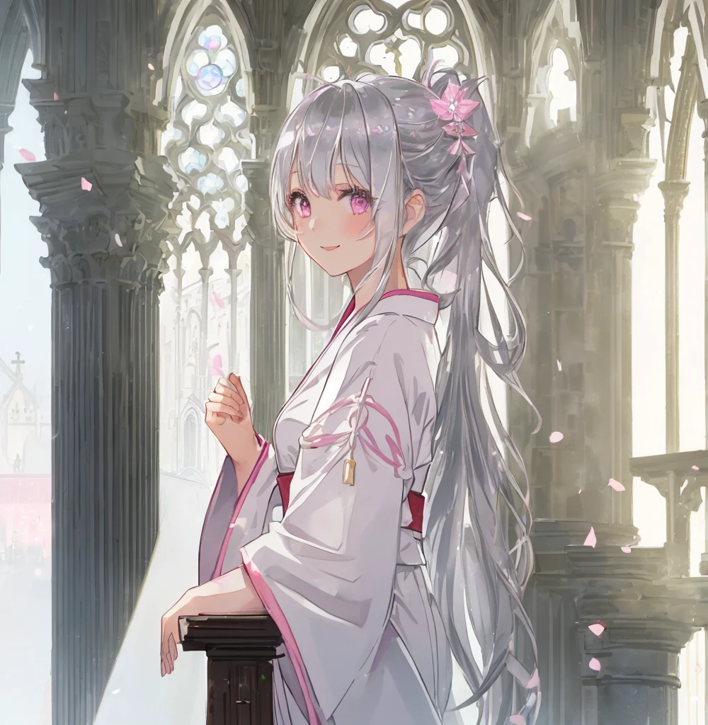 1 girl in、(silver medium Hair)、side ponytailed、pink eye、Looking at the camera、from side,delicate finger、beautiful ilumination、(adult),white kimono、miko costume、smile,laugh,((cathedral background))、(High resolution of the highest quality)、((Masterpieces of the highest quality:1.2))