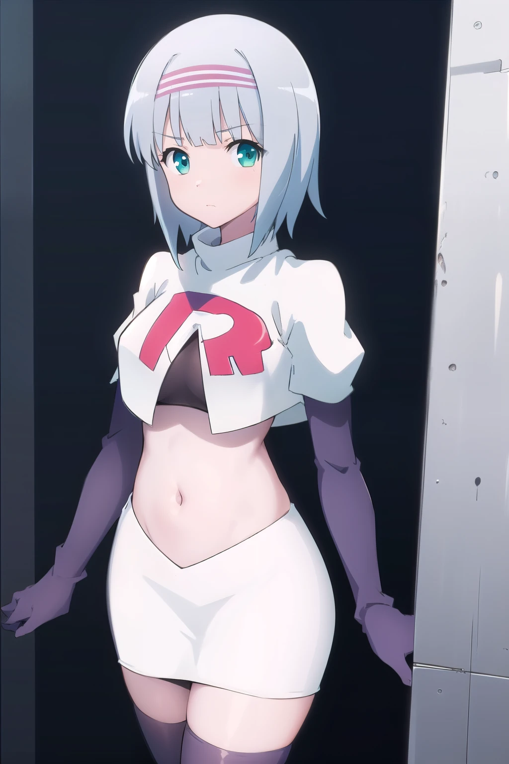 solo, 1girl, looking at viewer, 2D, anime, anime coloring, (simple background, solid white background:1.3),  linze silhoueska, team rocket,team rocket uniform,white skirt,red letter R,crop top,black thigh-highs,black elbow gloves