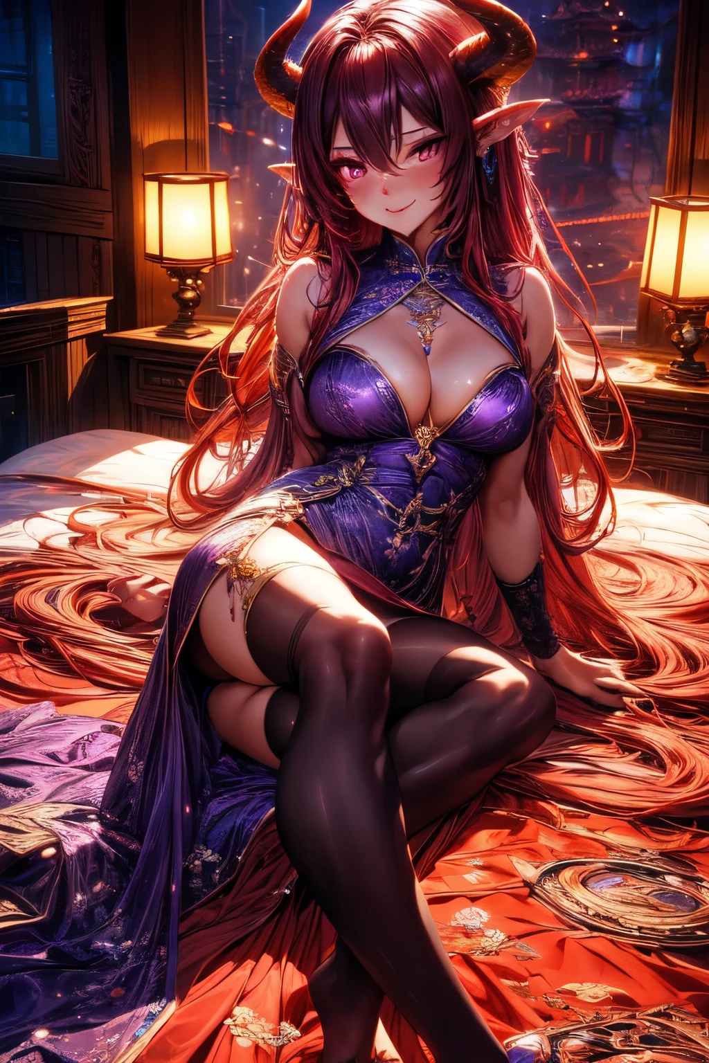 mature adult succubus woman, atletic body, messy purple long hair, long horns, light violet expansive chinese dress, fabulous princess cloath with the same colors, beautiful feet, princess imponence look, seductive eyes, smirkle smile, sadistic eyes, up light, clean skin, crawlling in bed pose, brothel ambience, yellow theatre light from above, devilish aura, up red light, sex sillhouetes background, detailed detailed shadow, fantasy, chinese anime rpg, digital illustration, detailed hands, detailed feet, detailed eyes, curved body, detailed body, 8k resolution and details,
