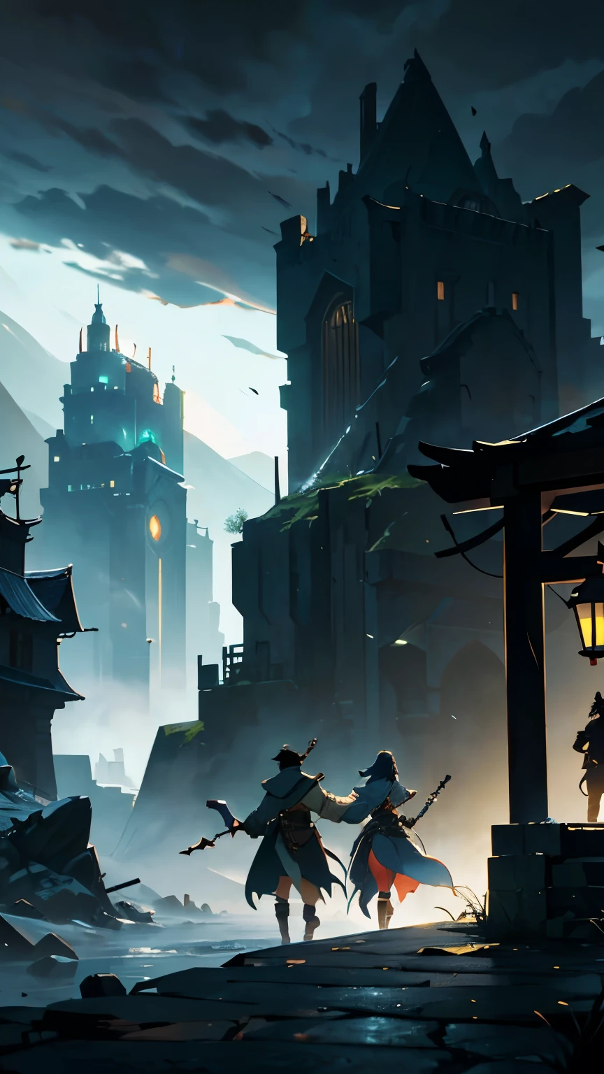 dark fantasy, Scenario: Entrance to the city of Havencrest, with Lyra and her allies leaving.
Details:
Lyra: In the foreground, dressed in her robe and equipped with a magical staff.
Allies:
Toran: Exiled warrior with heavy armor and sword.
Elara: Druid with green clothes and wooden staff.
Nero: Thief with dark clothes and a small bag of tools.
Environment: City gate open, with the storm in the background and the first signs of the characters leaving.
Colors: Contrasting colors of the characters' clothes with the dark environment of the storm in the background.
Atmosphere: Determined and resolute, showing the departure towards a dangerous journey.