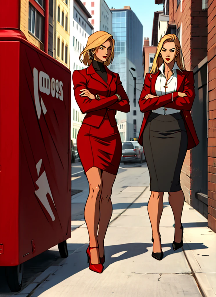 90s skinny adult long blonde hair business woman in a red suit
, red pencil skirt , and red heels  full body , arms crossed 