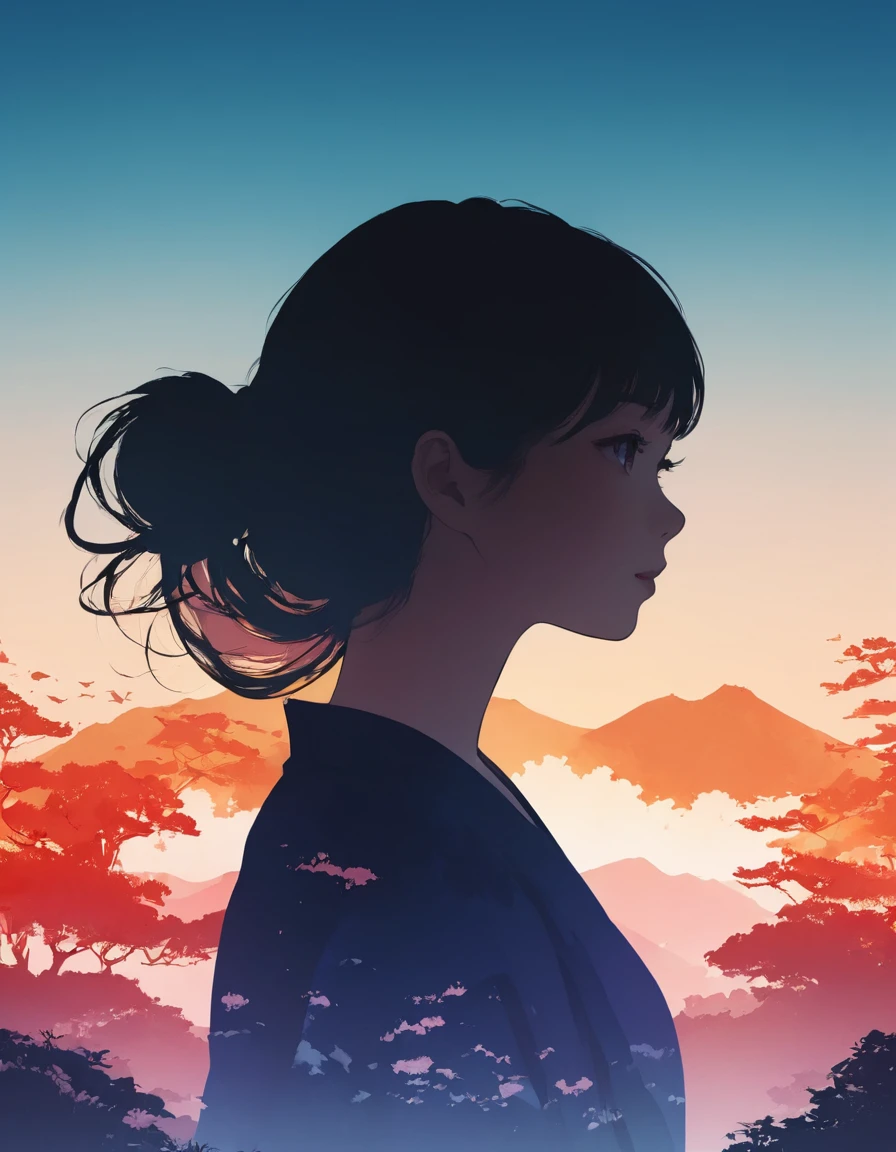 Silhouette of a girl, Lots of Japanese scenery , Modern Japanese Landscape, close, Double Exposure, Gradient Background