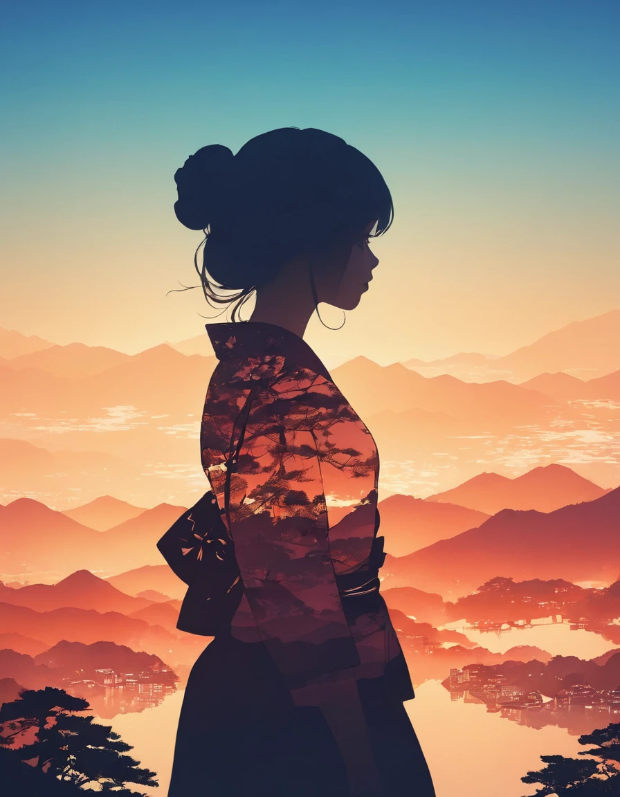 Silhouette of a girl, Lots of Japanese scenery , Modern Japanese Landscape, close, Double Exposure, Gradient Background
