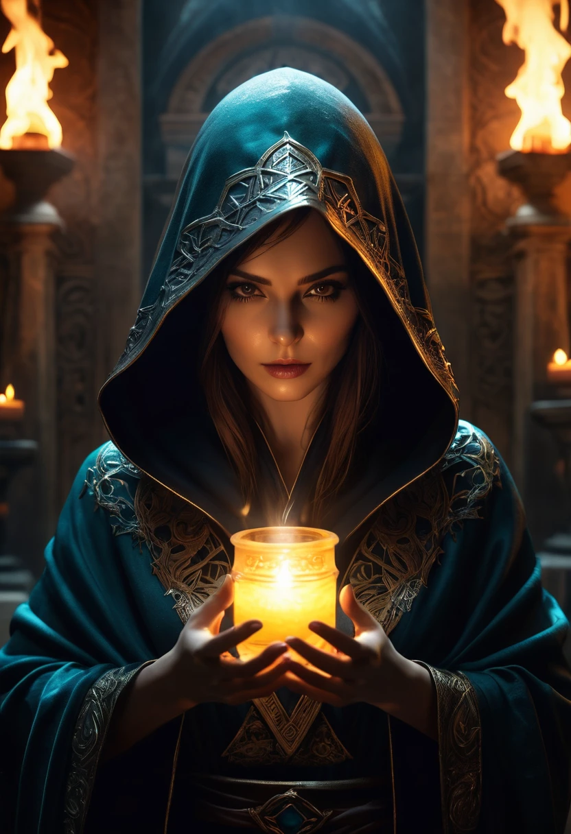 (best quality,4k,8k,highres,masterpiece:1.2),ultra-detailed,(realistic,photorealistic,photo-realistic:1.37),woman, hermeticwizard, hkmagic, fire_magic, ornate_hooded_robe, talisman, runes, dust, lightrays, ancient_tomb in the background, cinematic shot, dramatic lighting, dim lighting, deep shadow, raw photo,otherworldly,terrifying,highly detailed face and body,enormously clawed hands,mystical aura,dark,ominous atmosphere,cold color palette,energy emanating,powerful presence,ethereal beauty,herculean strength,captivating gaze,unsettling presence,haunting and mesmerizing,horrifyingly enchanting