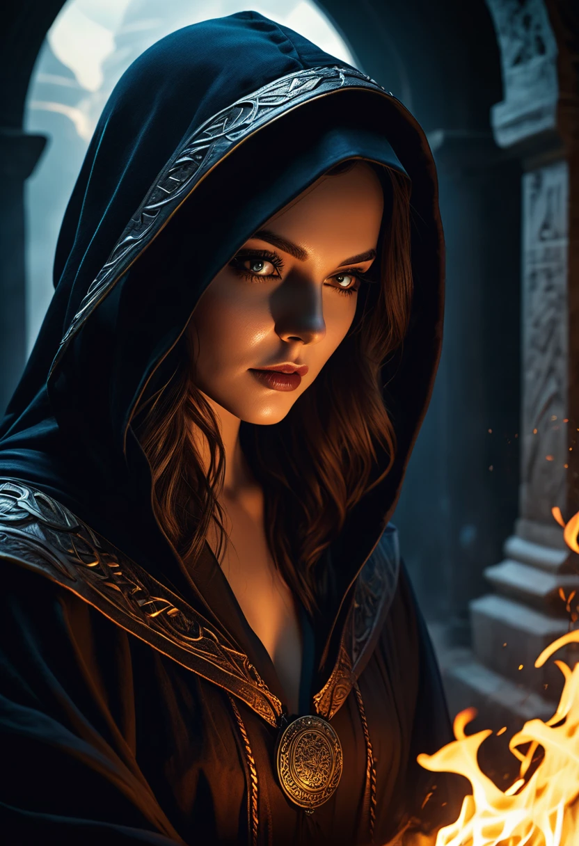 (best quality,4k,8k,highres,masterpiece:1.2),ultra-detailed,(realistic,photorealistic,photo-realistic:1.37),woman, hermeticwizard, hkmagic, fire_magic, ornate_hooded_robe, talisman, runes, dust, lightrays, ancient_tomb in the background, cinematic shot, dramatic lighting, dim lighting, deep shadow, raw photo,otherworldly,terrifying,highly detailed face and body,enormously clawed hands,mystical aura,dark,ominous atmosphere,cold color palette,energy emanating,powerful presence,ethereal beauty,herculean strength,captivating gaze,unsettling presence,haunting and mesmerizing,horrifyingly enchanting