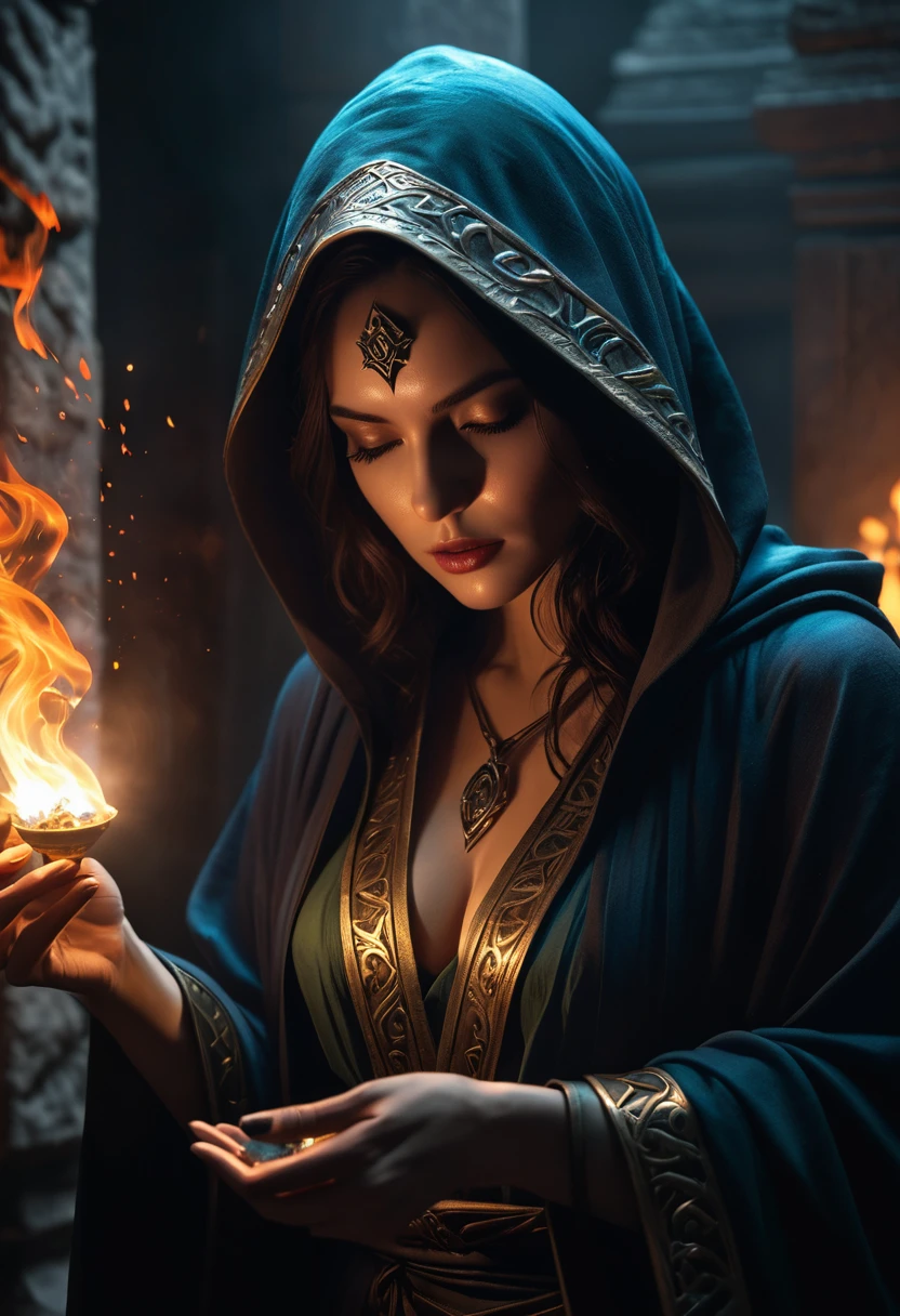 (best quality,4k,8k,highres,masterpiece:1.2),ultra-detailed,(realistic,photorealistic,photo-realistic:1.37),woman, hermeticwizard, hkmagic, fire_magic, ornate_hooded_robe, talisman, runes, dust, lightrays, ancient_tomb in the background, cinematic shot, dramatic lighting, dim lighting, deep shadow, raw photo,otherworldly,terrifying,highly detailed face and body,enormously clawed hands,mystical aura,dark,ominous atmosphere,cold color palette,energy emanating,powerful presence,ethereal beauty,herculean strength,captivating gaze,unsettling presence,haunting and mesmerizing,horrifyingly enchanting