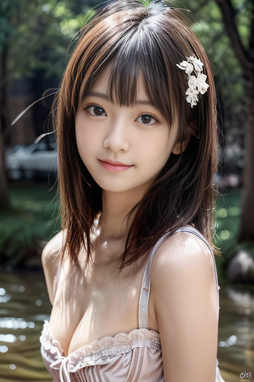 (masterpiece,best quality:1.4),(8k,raw photo,photo realistic:1.2),(shiny skin),detailed skin,detailed face,detailed eyes,Sparkling eyes:1.3,{{{(((white color sexy camisole dress)))}},Detailed Background,detailed hand,1girl, natural breasts,(brown hair), random hair style,Instagram-style,Riverbed, Yoyogi Park , very beautiful cute, beautiful asian,((chinese model)), girl cute-fine-face, (korean girl),Cute smile, (Detailed lingerie design),{{gray eyes:1.3}},cowboy shot,,(front view),nsfw,sexy self shot,(transparent nipple)