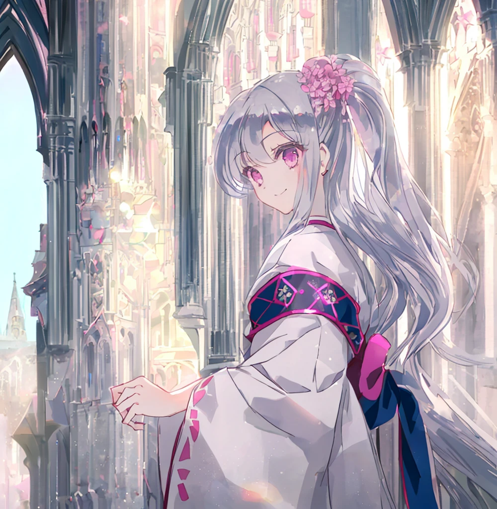 1 girl in、(silver medium Hair)、side ponytailed、pink eye、Looking at the camera、from side,delicate finger、beautiful ilumination、(adult),white kimono、miko costume、smile,laugh,((cathedral background))、(High resolution of the highest quality)、((Masterpieces of the highest quality:1.2))