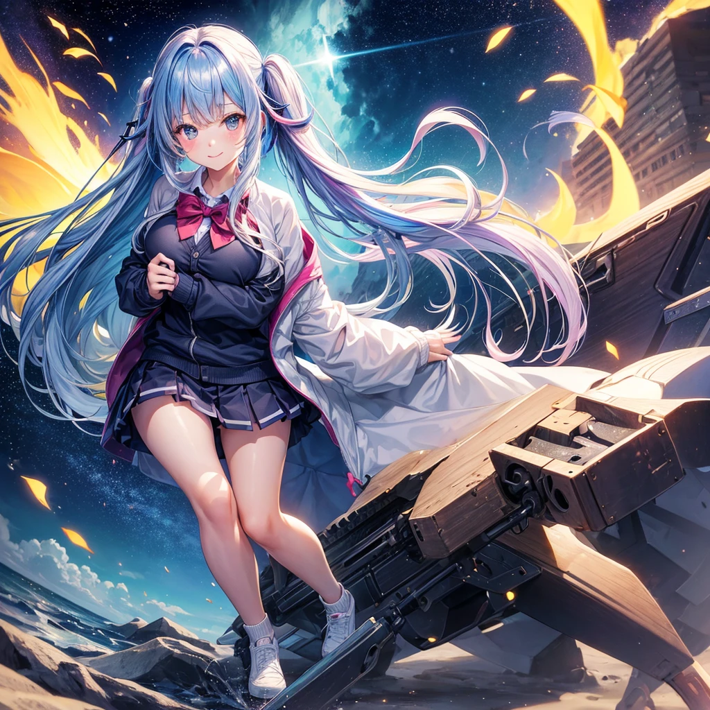 (((masterpiece))), (((best quality))), (((wide shot))), (((full body))), (((from below))), ((dual wielding twin buster rifle)), (((huge gatling gun))), (((colorful huge beam impact))), (((firing))), (((glowing))), (((power)), (((electricity))), ((colorful mechanical wings)), (((blue tight suit))), ((off shoulder)), skirt, ((leggings)), (((flying))), (((space))), earth \(planet\), (((planet))), solo, 1girl, (((big tits))), gray very long hair, twintails, hairclip, ribbon, open mouth, sweat, shy, blush, ((slim figure)), <lora:girllikebusterrifle:1>