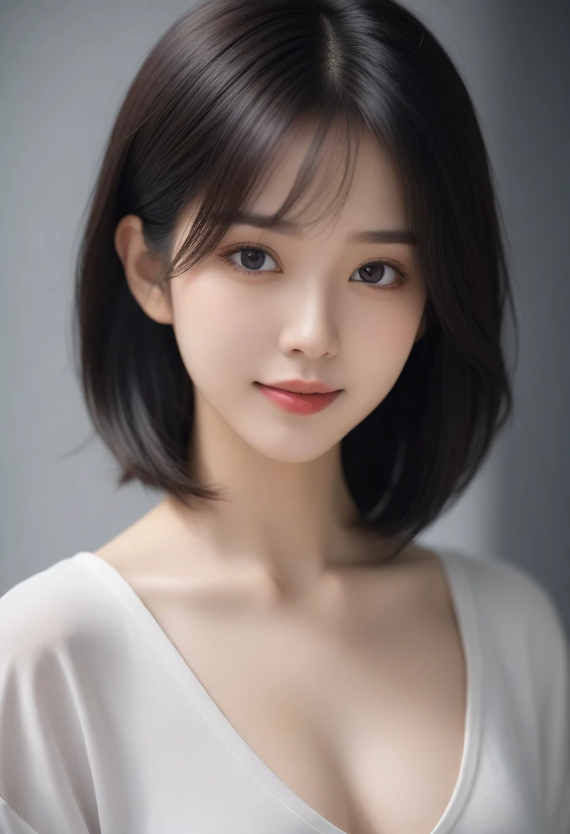 8K, Ultra-high resolution, best quality, masterpiece, 三分割法によるphoto,Surrealism, photo, 1 girl, (:1.3), pretty girl, Cute face, Beautiful eyes in every detail, 細かくdetailedに,masterpiece,, A girl:1.2, Japanese female announcer,whole body,(absurd, High Fantasy Art, Best HD Graphics, 注意深くdetailedに, 非常にdetailedな特徴と質感), Solo Character, 16 years oldhas short black hair, Purple Eyes，Black pupils, flat chest, Slim texture, Thin lips, White skin, (Kilt, Grey leather shirt, silver meral belt between her Kilt and belly), Confident posture, Very serious face, A humorless Irish cabin，Furnished with ancient Greek and Celtic furniture, Attractive thighs, Sensual,A carefree smile,Heal the mind,Black Hair,Short Bob,Looking at the audience、beauty,Long Neck、Smile、Please close your mouth and smile、(((Ideal body shape))),A cup small breasts :2,、image:2、Perfect anatomical structure、鮮明なdetailed、detailed、Surrealism、Light and Shadow,glare 