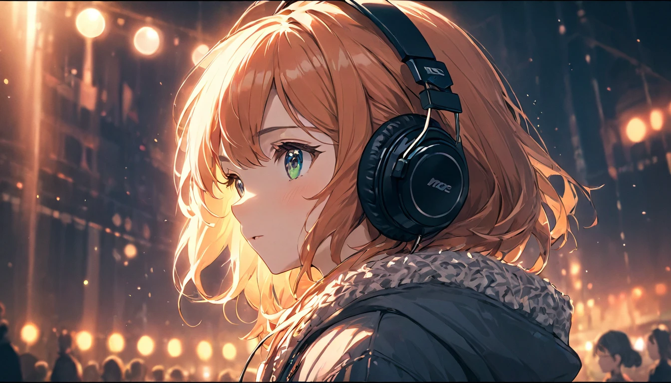 1girl, headphones, listening to music, very long shot, anime, introspective expression, detailed eyes, detailed face, detailed hair, detailed clothing, detailed background, detailed surroundings, intricate details, cinematic lighting, vibrant colors, warm color palette, soft focus, photorealistic, 8k, best quality, masterpiece