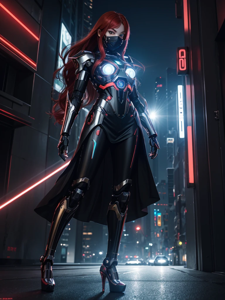 red hair girl, mecha, cyborg, android. laser eyes. beautiful. sad, confused. Full Body, stainless mirror, luxurious metal, gold stainless, black carbon, white porcelain, neon glow circuits. half robot facemask. light futuristik armor. highheels. one model for all poses. longshot camera. wide angle photos. hyper-realistic. ultra details. 4D render. real human. real being. cinematic photography. black ambience low lights dowtown city skirt background. very clear images. UHD. 