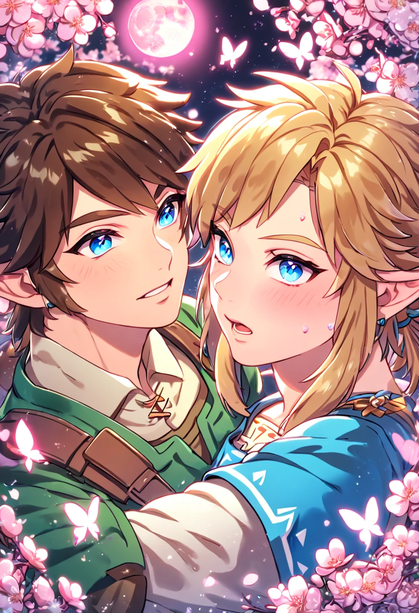 absurdres, highres, ultra detailed, HDR, master piece, best quality, extremely detailed face, delicated features, Link, brown hair, expressive blue eyes, The Legend Of Zelda, Link, blonde hair, expressive blue eyes, two sexy men together, gay couple, yaoi, handsome, green tunic, blue tunic, fantasy, magical, radiant, pink butterflies, pink flowers, night sky, shinning pink moon, blossoms, Twilight Princess & Breath Of The Wild