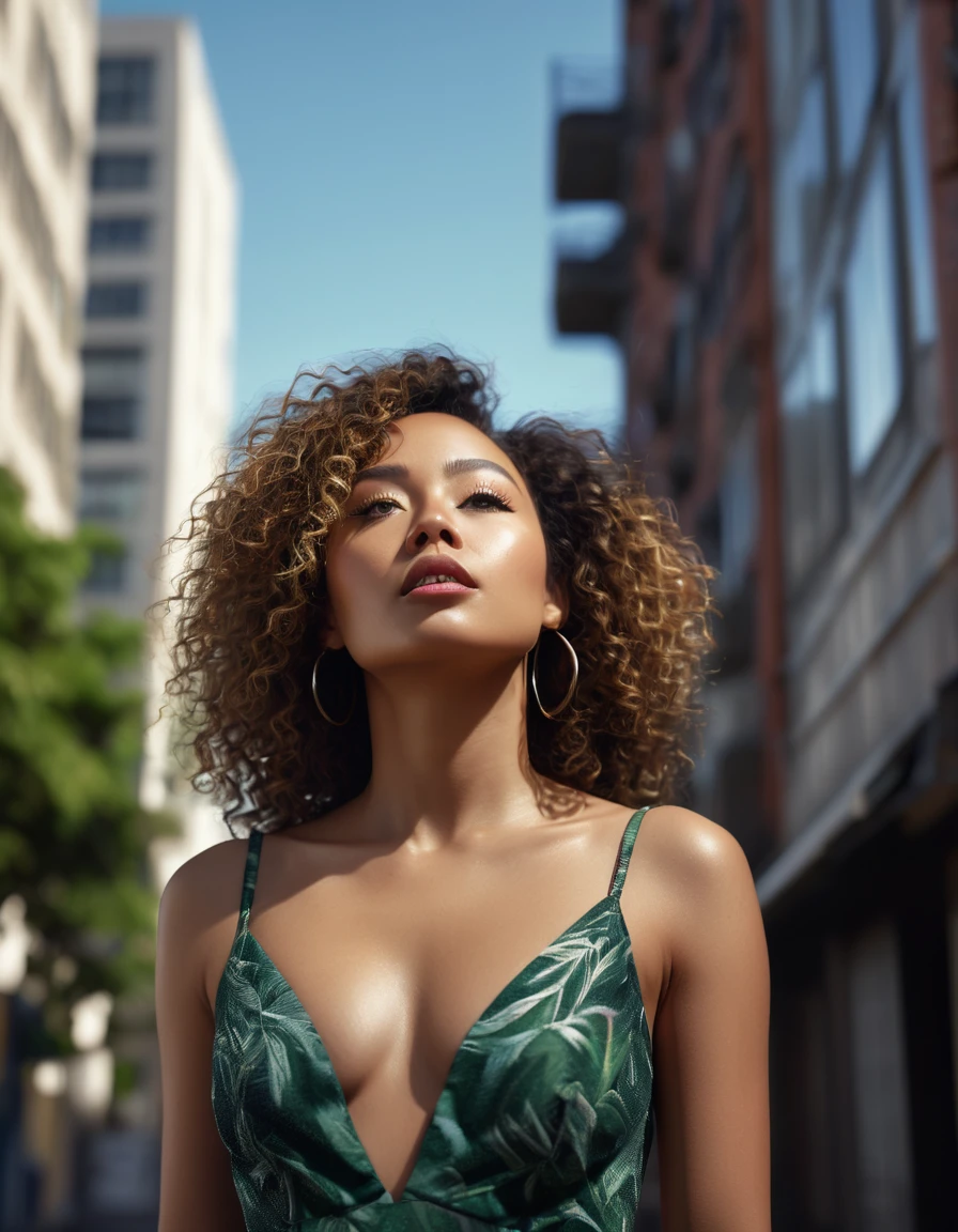 ultra realistic close-up photography of a stunning mixed race brazilian light afro and japanese woman standing outdoors. Drop dead gorgeous woman in fashion body dress with curly hair,looking upwards with a contemplative expression, very attractive, The background is blurred with an urban setting with buildings and some foliage. The lighting in the photograph is soft,and the focus is on the person,Cinematic, Photoshoot, Shot on 25mm lens, Depth of Field, Tilt Blur, Shutter Speed ​​1/1000, F/22, White Balance, 32k, Super-Resolution, Pro Photo RGB, Half rear Lighting, Backlight, Dramatic Lighting, Incandescent, Soft Lighting, Volumetric, Conte-Jour, Global Illumination, Screen-Space Global Illumination, Scatter, Shadows, Harsh, Flicker, Lumen Reflections, Screen-Space Reflections, Diffraction Gradation, Chromatic Aberration, GB Shift, Scanlines, Ambient Occlusion, Anti-Aliasing, FKAA, TXAA, RTX, SSAO, OpenGL-Shader's, Post-Processing, Post-Production, Cell Shading, Tone Mapping, CGI, VFX, SFX, Insanely Detailed and Intricate, Hyper maximalist, elegant, dynamic pose, photography, volumetric, ultra-detailed, intricate details, super detailed, environment –uplight –v 6 –q 2, final render