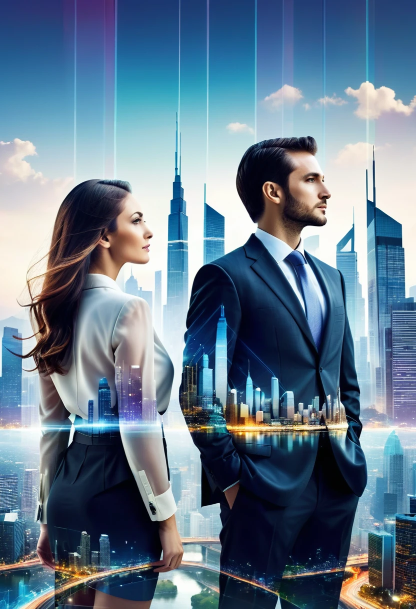 (Create a double exposure image that combines two distinct scenes:1) A Caucasian man and a woman, both dressed in business attire, standing side by side and looking away from the camera towards a vivid cityscape. Their backs are turned towards us, symbolizing their focus on the future of their business.2) A vivid display of business charts, graphs, statistics and symbols of innovation intertwined with the cityscape. Make the business elements appear transparent and seamlessly blend with the cityscape to evoke the concept of their thoughts, strategies, and aspirations being intertwined with the city they're planning to conquer.