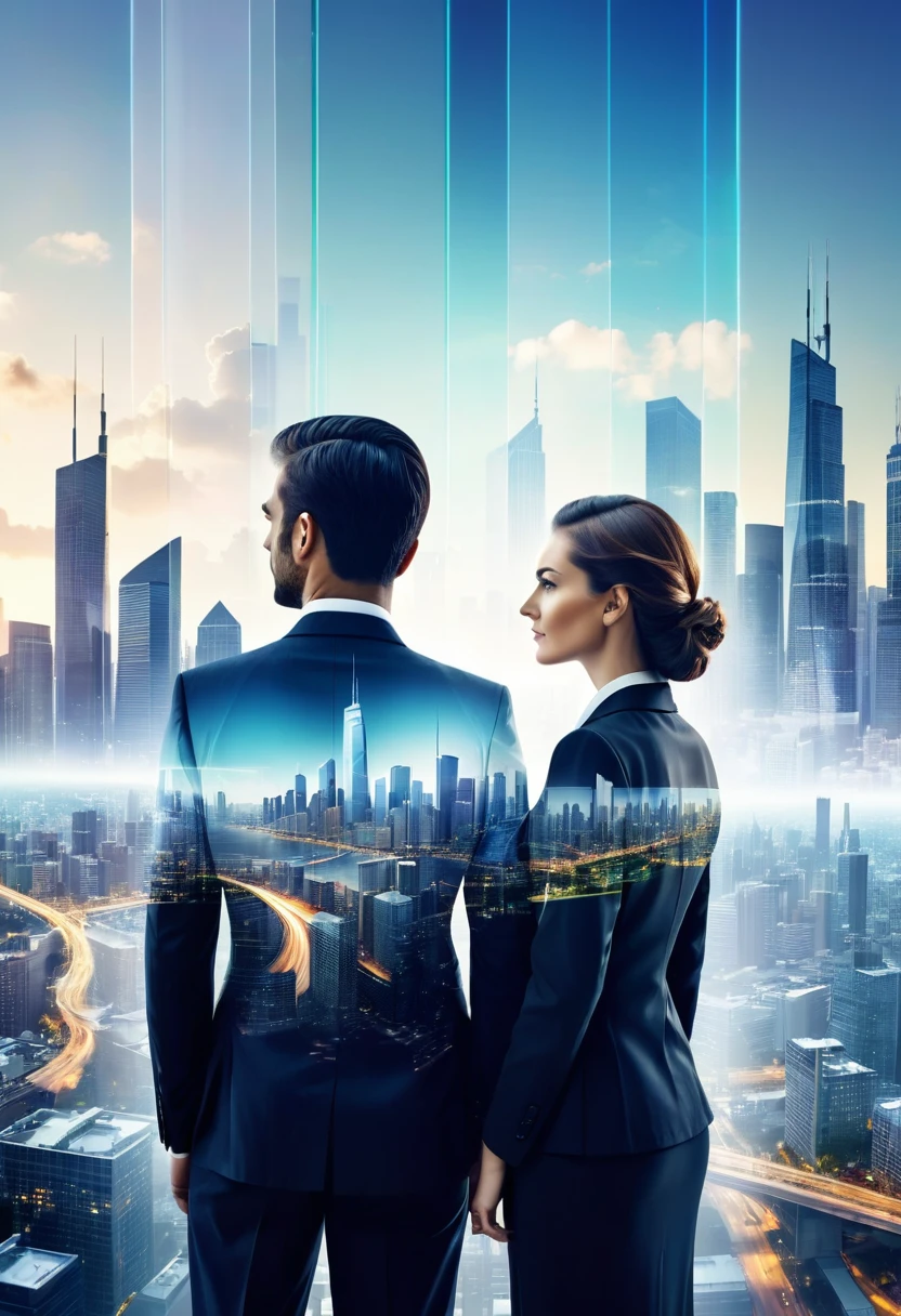 (Create a double exposure image that combines two distinct scenes:1) A Caucasian man and a woman, both dressed in business attire, standing side by side and looking away from the camera towards a vivid cityscape. Their backs are turned towards us, symbolizing their focus on the future of their business.2) A vivid display of business charts, graphs, statistics and symbols of innovation intertwined with the cityscape. Make the business elements appear transparent and seamlessly blend with the cityscape to evoke the concept of their thoughts, strategies, and aspirations being intertwined with the city they're planning to conquer.