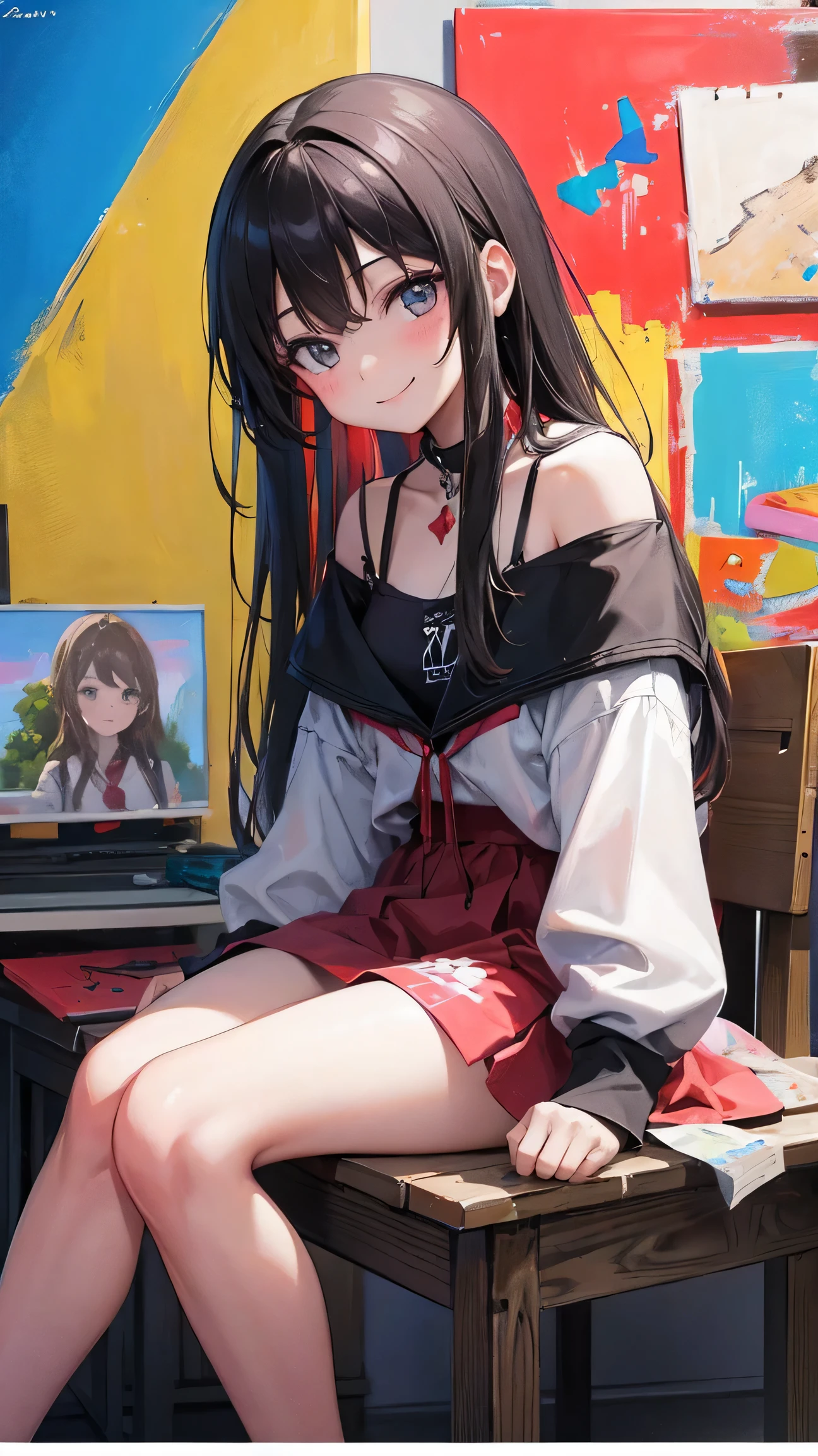 beautiful girl(Art room On Canvas(Crucifixion Grand Slam Colorful grid graffiti painting)Sitting in front of the drawing board, smiling and facing the audience)