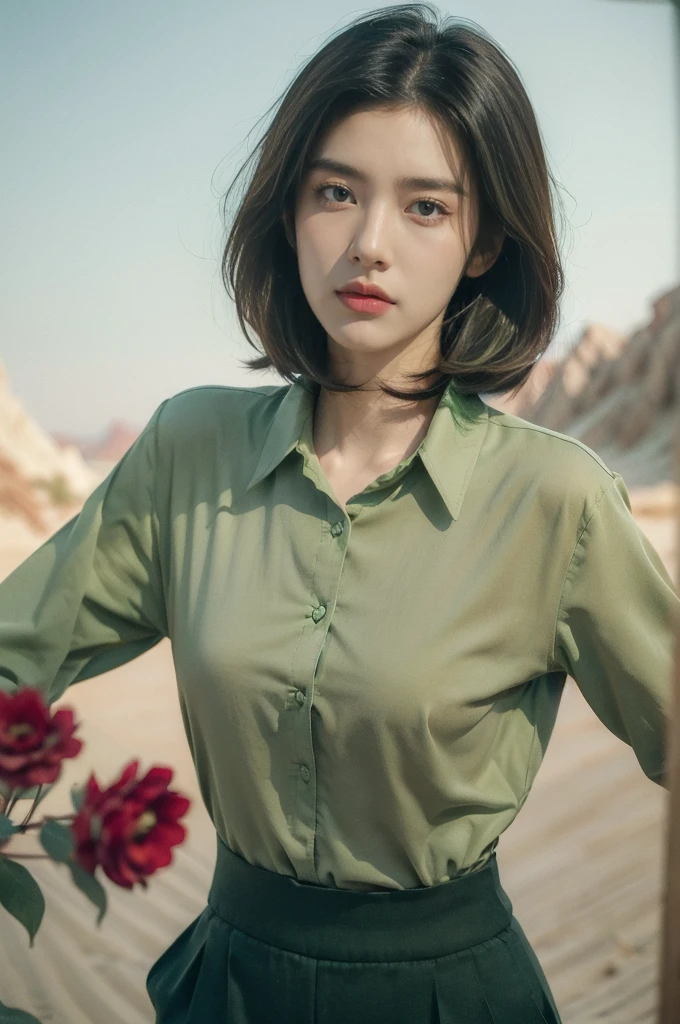 (((best quality))),(((ultra detailed))),(((masterpiece))),illustration,((1 beautiful girl,tomboy,solo)),(short black hair:1.2),((slim,thin)),((small breasts,thin)), vigorous, confident, (light green collared shirt:1.3), (dark green pants:1.2), simplicity, robustness, strong features, (Abandoned Gobi Desert Scene:1.3),glowing eyes, rebellious, sensible, (mountainous landscape:1.3), (only a vibrant red flower:1.3), elegance, unyielding spirit, youthful beauty, strength, resilience, adversity, challenges,((from front,upper body))