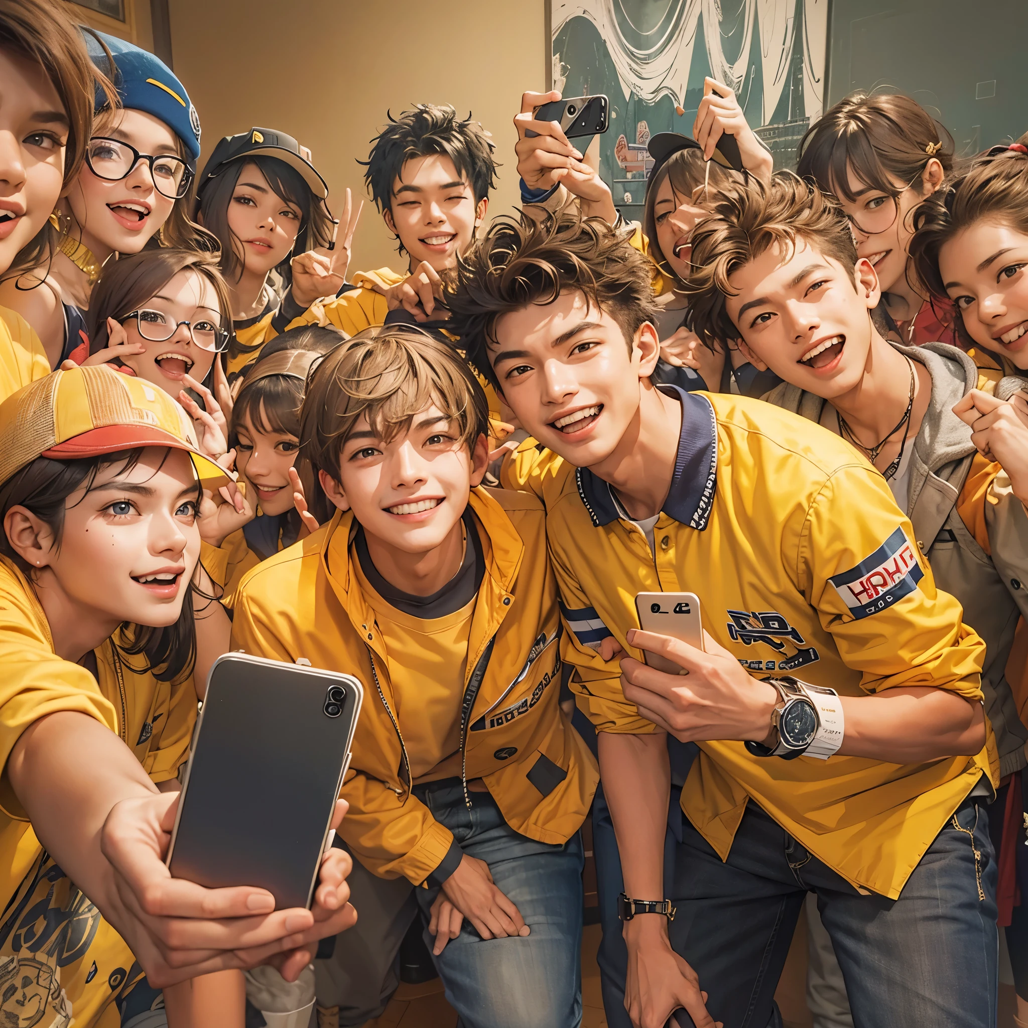 A high school boy in a yellow uniform, who is the popular leader of his class with a yankee-like vibe. He is confidently taking a selfie with his smartphone while posing for a group photo with his friends. The scene captures his charismatic and rebellious presence as he interacts and enjoys the moment with his peers. The background shows a casual and energetic setting, emphasizing his role as a trendsetting and influential leader.