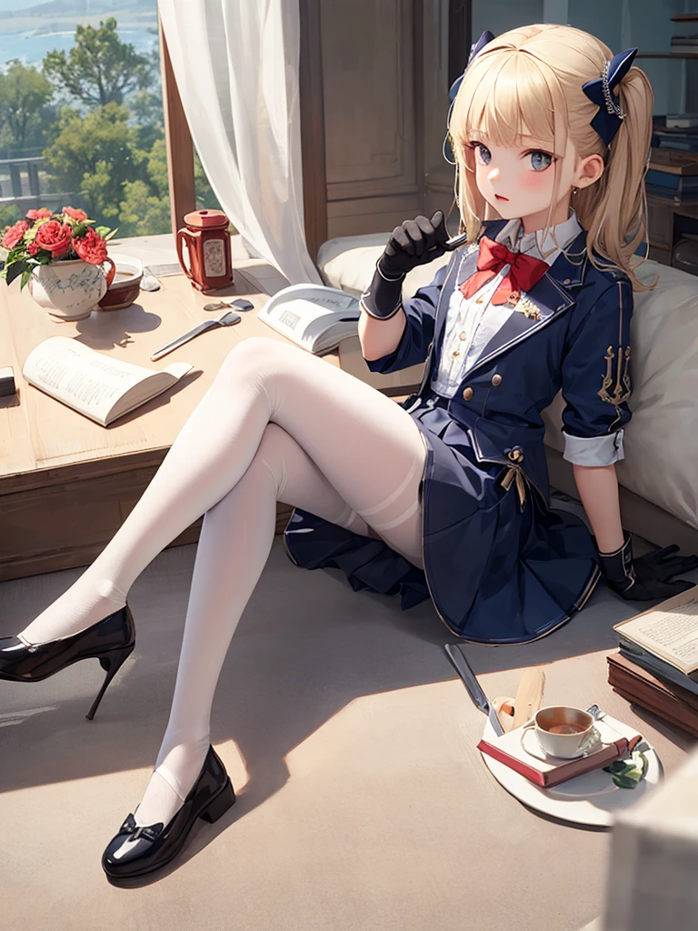 masterpiece, best quality, 1 girl, solo, , flat chest, ingridms, hairpods, gloves, skirt, pantyhose, bow, white panties, dress, looking through legs