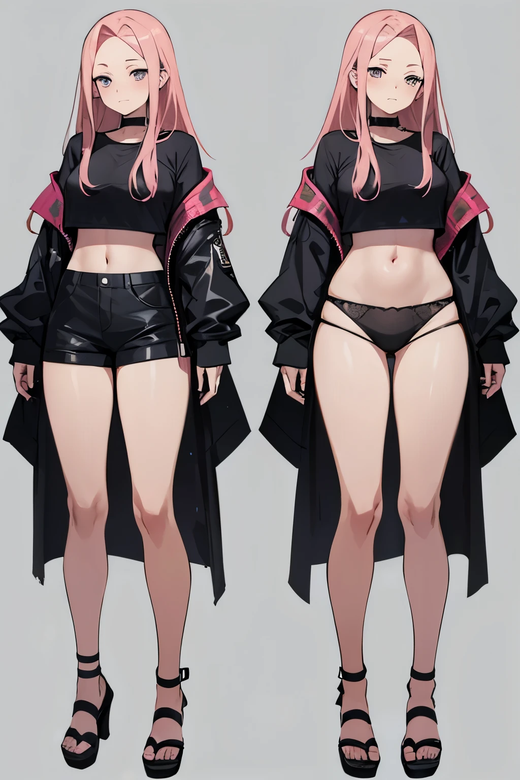 profile sketches , Forehead, faces , jestos for anime character full body woman with underwear woman with pink hair with black t black eyes with arivutos avundantes nsfw manga style . with quality and details to the utmost