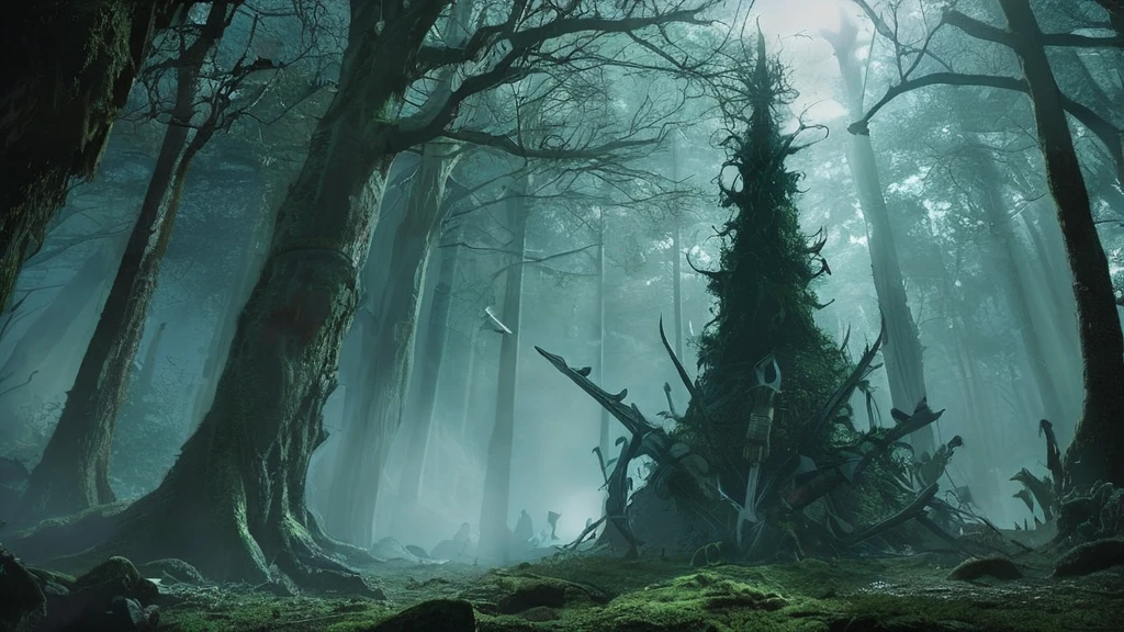 In a dark medieval forest, a young boy named Aiden, barely in his teens, grips a sword too big for his small hands. His village is under threat from an ancient evil, tree monsters that lurk in the shadows, emerging only at night to wreak havoc. The air is thick with the scent of moss and decay as Aiden stands alone among twisted, towering trees. Moonlight filters through the dense canopy, casting eerie shadows that dance and shift. A rustle, a snap of a branch—Aiden turns, sword raised, heart pounding. The forest around him seems to breathe, ancient and malevolent. With every step, he ventures deeper into the darkness, knowing he must face the monstrous guardians of the woods and prove himself a hero before dawn breaks.