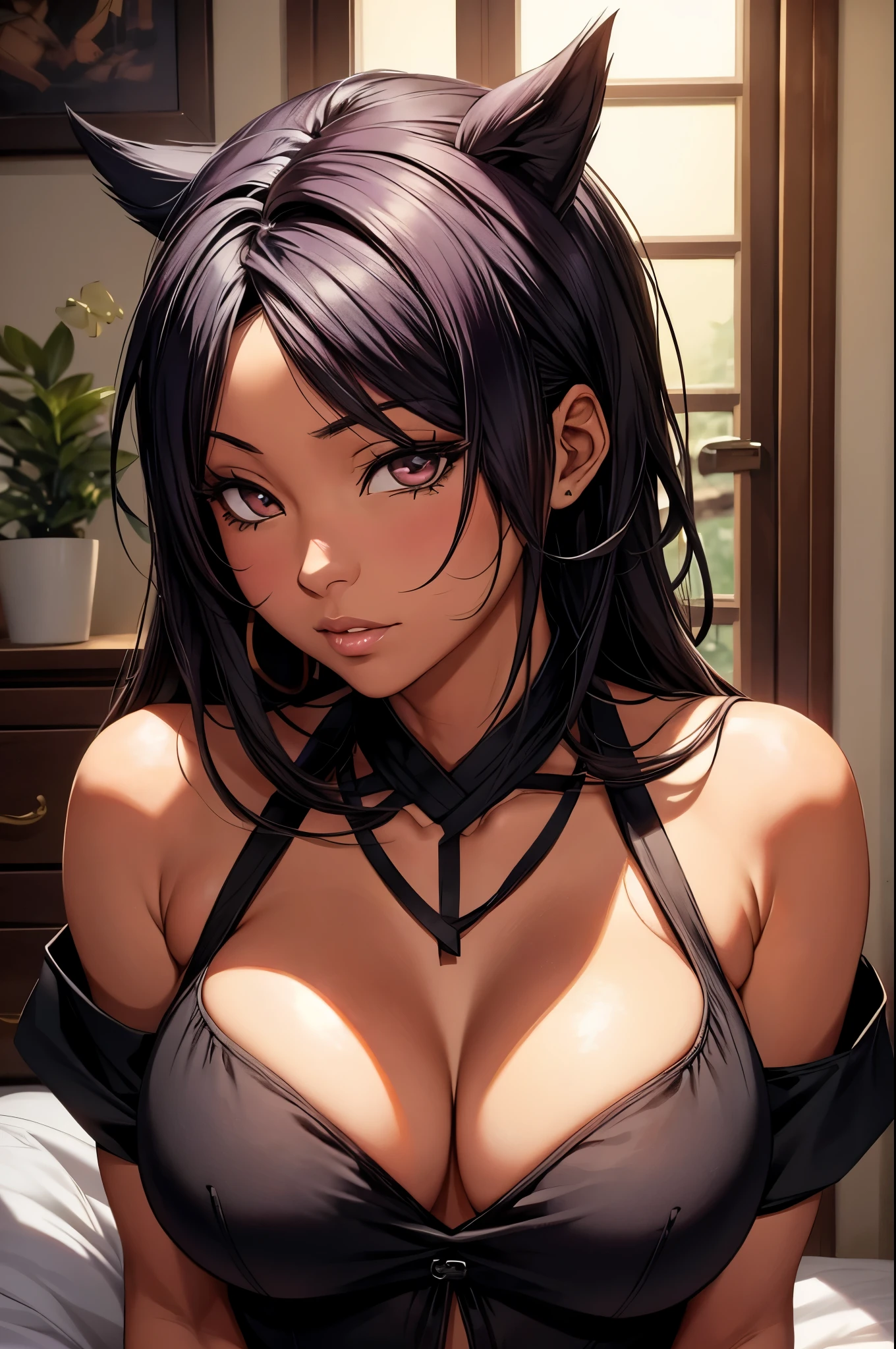 Yoruichi Shihouin, masterpiece), (portrait), medium breasts (aesthetics), A 32-year-old woman , romantic lighting that enhances her feminine features.