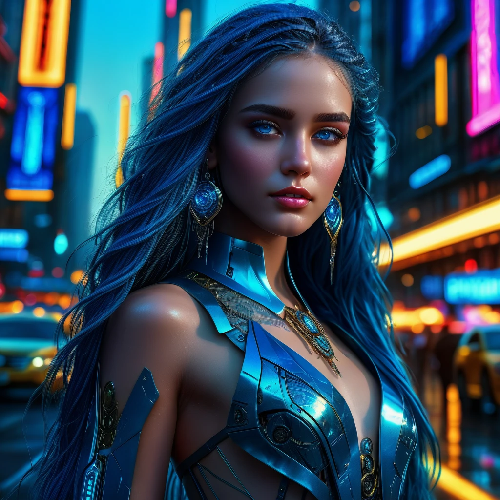a beautiful girl with long blue hair and piercing blue eyes,detailed facial features,gorgeous detailed portrait,intricate elegant dress,dynamic action pose,futuristic mecha robot,neon city landscape,vibrant cyberpunk aesthetic,dramatic lighting,cinematic composition,(best quality,4k,8k,highres,masterpiece:1.2),ultra-detailed,(realistic,photorealistic,photo-realistic:1.37),cinematic,vibrant colors,dramatic lighting,highly detailed,digital painting