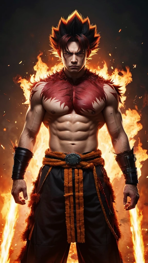 Super resolution, realistic Super Saiyan, hair standing on end, red hair, muscular, angry, white eyes, torn national costume, tribal tattoo, burning village, aura,