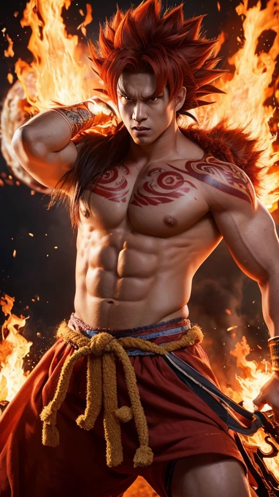 Super resolution, realistic Super Saiyan, hair standing on end, red hair, muscular, angry, white eyes, torn national costume, tribal tattoo, burning village, aura,