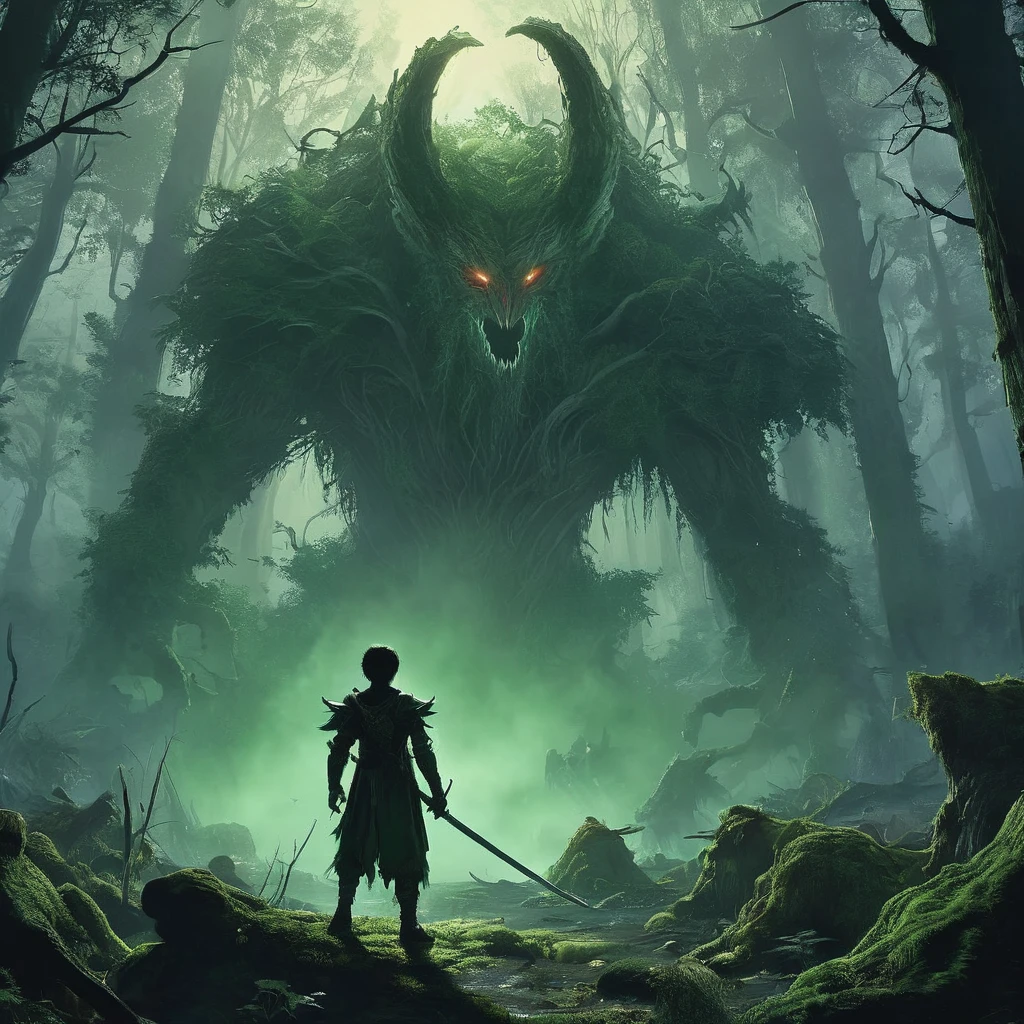 In a dark medieval forest, a young boy named Aiden, barely in his teens, grips a sword too big for his small hands. His village is under threat from an ancient evil, tree monsters that lurk in the shadows, emerging only at night to wreak havoc. The air is thick with the scent of moss and decay as Aiden stands alone among twisted, towering trees. Moonlight filters through the dense canopy, casting eerie shadows that dance and shift. A rustle, a snap of a branch—Aiden turns, sword raised, heart pounding. The forest around him seems to breathe, ancient and malevolent. With every step, he ventures deeper into the darkness, knowing he must face the monstrous guardians of the woods and prove himself a hero before dawn breaks.