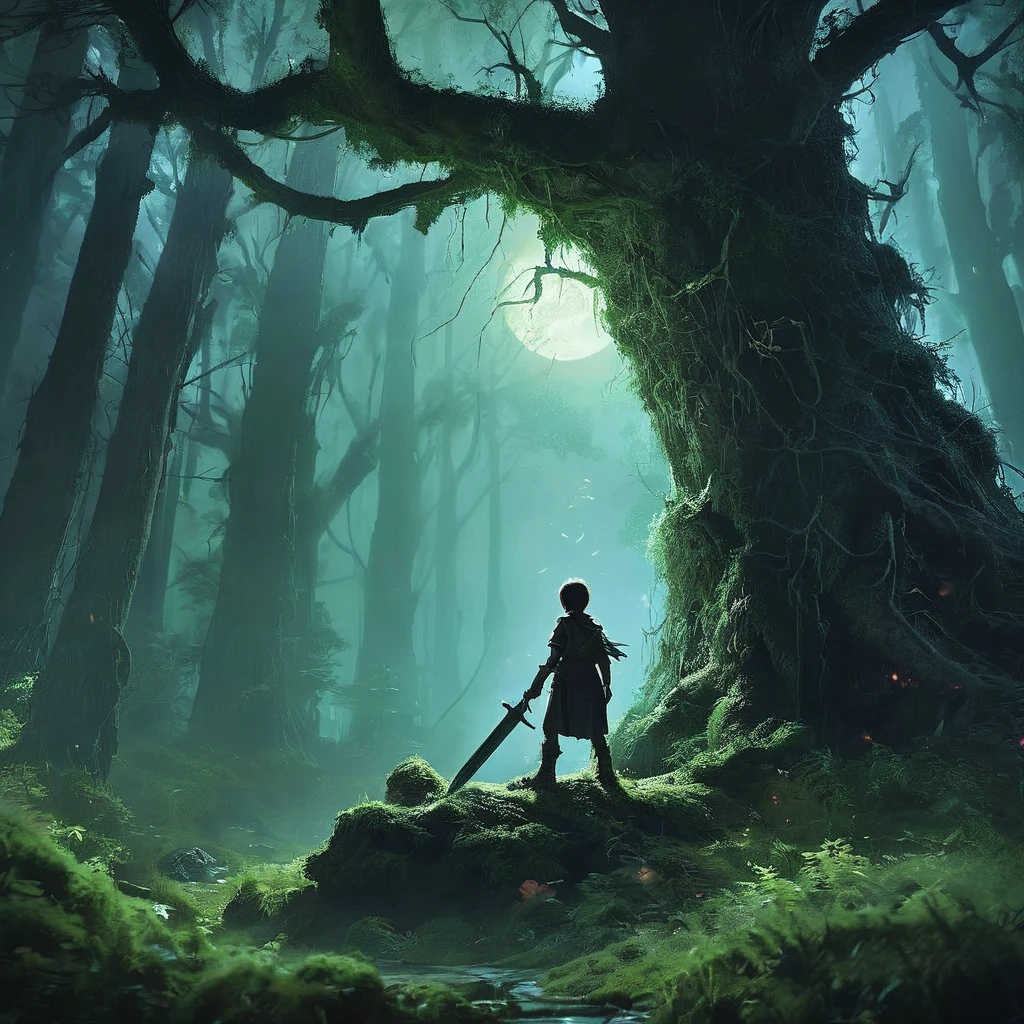 In a dark medieval forest, a young boy named Aiden, barely in his s, grips a sword too big for his small hands. His village is under threat from an ancient evil, tree monsters that lurk in the shadows, emerging only at night to wreak havoc. The air is thick with the scent of moss and decay as Aiden stands alone among twisted, towering trees. Moonlight filters through the dense canopy, casting eerie shadows that dance and shift. A rustle, a snap of a branch—Aiden turns, sword raised, heart pounding. The forest around him seems to breathe, ancient and malevolent. With every step, he ventures deeper into the darkness, knowing he must face the monstrous guardians of the woods and prove himself a hero before dawn breaks.