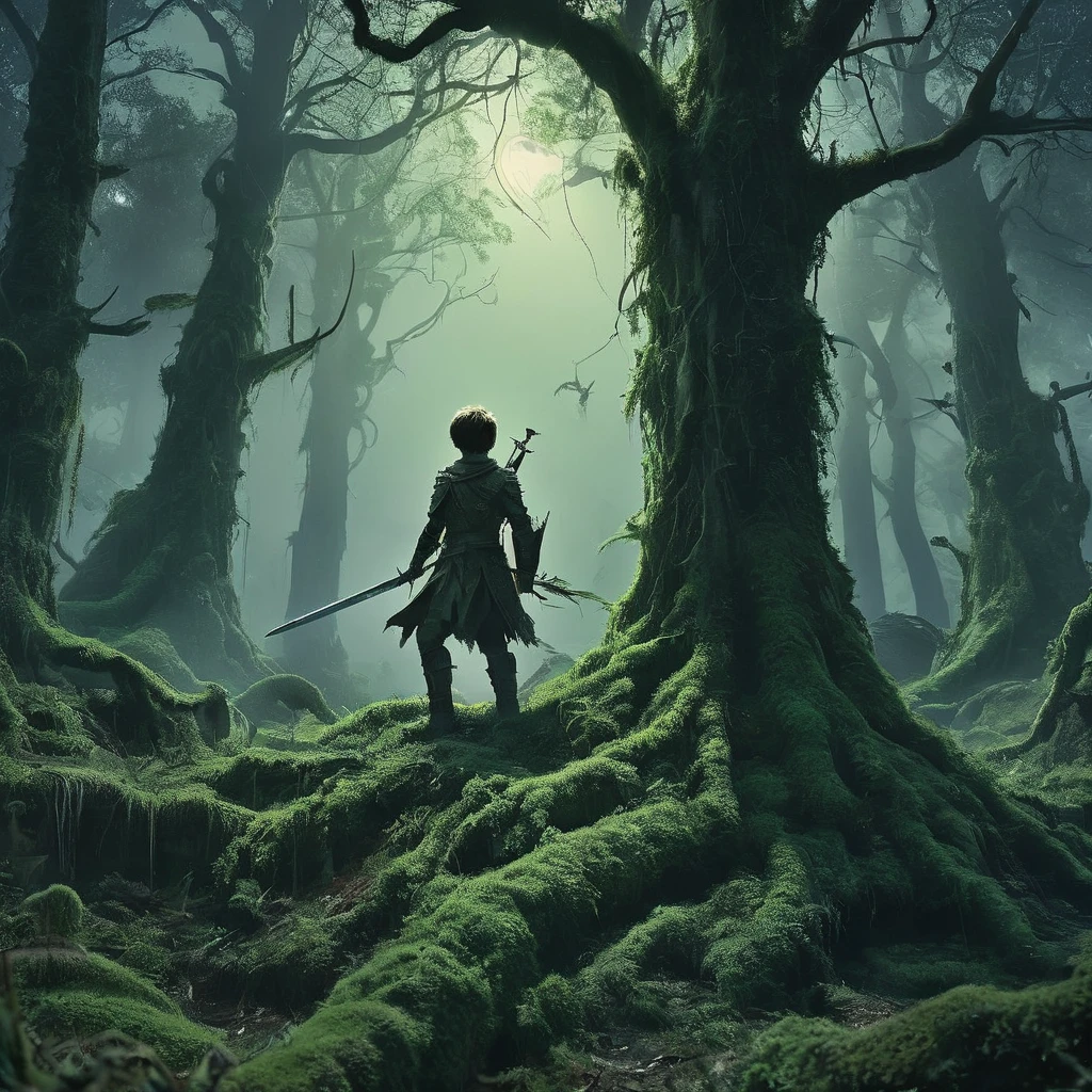 In a dark medieval forest, a young boy named Aiden, barely in his teens, grips a sword too big for his small hands. His village is under threat from an ancient evil, tree monsters that lurk in the shadows, emerging only at night to wreak havoc. The air is thick with the scent of moss and decay as Aiden stands alone among twisted, towering trees. Moonlight filters through the dense canopy, casting eerie shadows that dance and shift. A rustle, a snap of a branch—Aiden turns, sword raised, heart pounding. The forest around him seems to breathe, ancient and malevolent. With every step, he ventures deeper into the darkness, knowing he must face the monstrous guardians of the woods and prove himself a hero before dawn breaks.