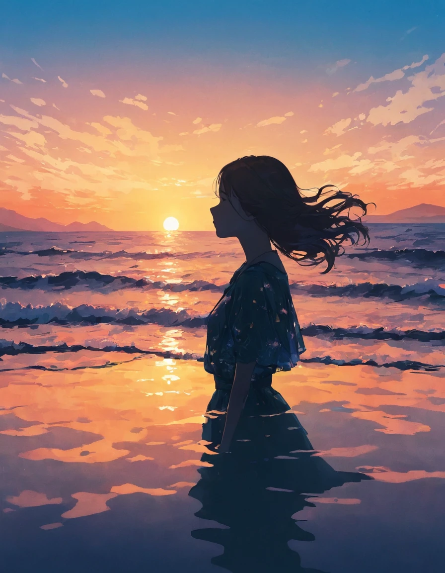 Silhouette of a girl, Ocean, close, Double Exposure, The background is a gradation、