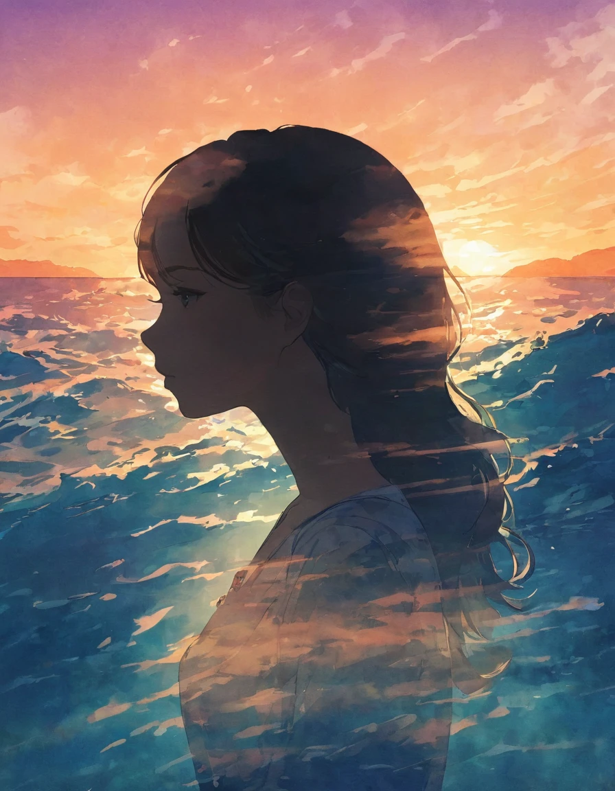 Silhouette of a girl, Ocean, close, Double Exposure, The background is a gradation、