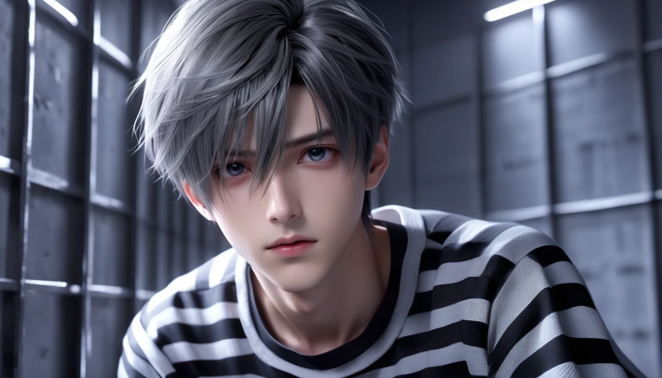 (8k, RAW photos, best quality, masterpiece: 1.4), (((Boy examining himself))),Ultra-high resolution, Extremely detailed, Dim Lights, Upper body close-up, handsome boy, black eyes, (delicate eyes, Eyes are bright:1.2), Gray short hair, Fair skin,dark, Black and white striped prison uniform,Black and white striped prison pants,(perfect anatomy:1.2), High-quality shadows, Natural Lighting, (White highlights:1.2), night, cloudy day, (Dimly lit cells:1.2), (Metal walls all around:1.2)