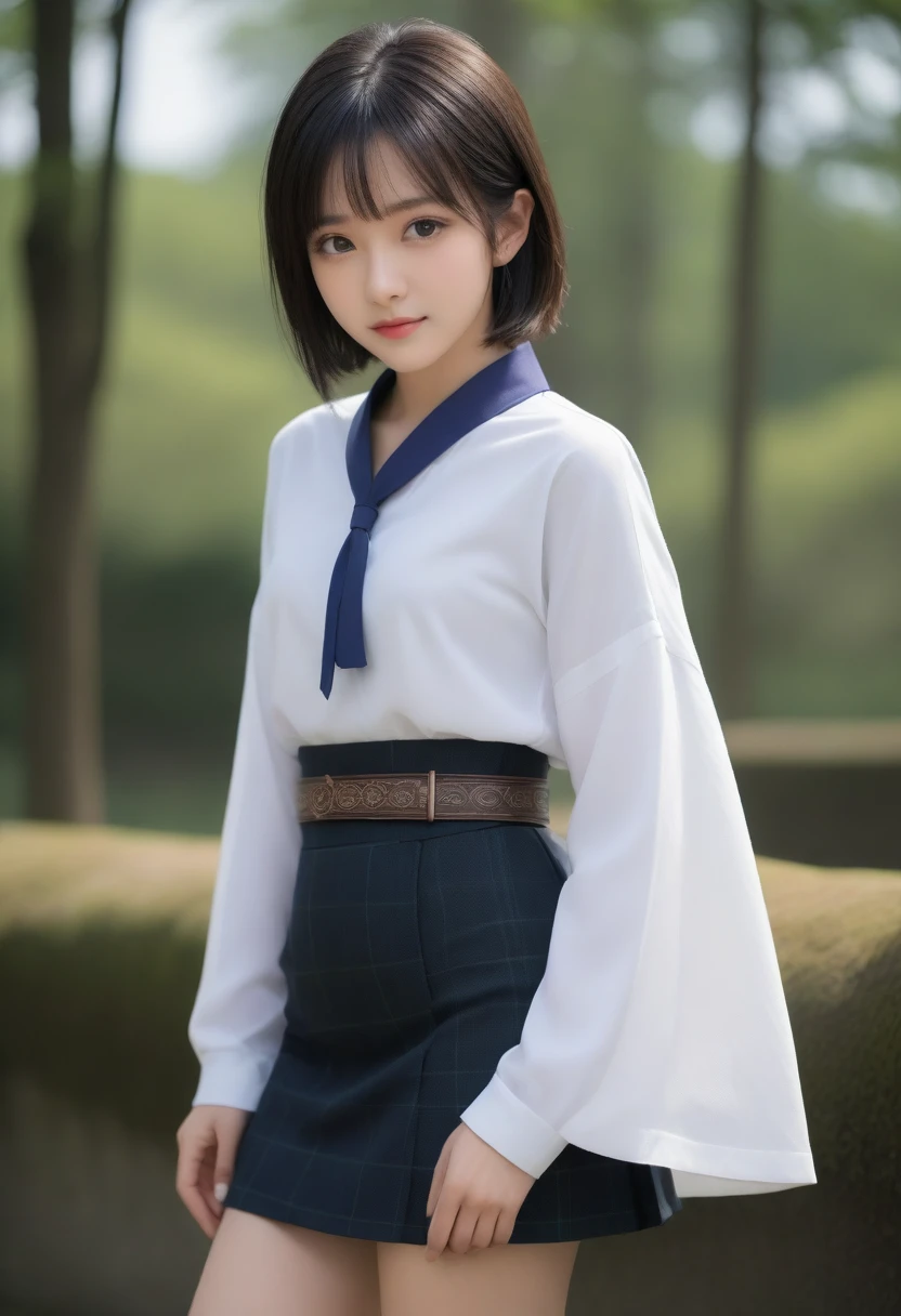 8K, Ultra-high resolution, best quality, masterpiece, 三分割法によるphoto,Surrealism, photo, 1 girl, (:1.3), pretty girl, Cute face, Beautiful eyes in every detail, 細かくdetailedに,masterpiece,, A girl:1.2, Japanese female announcer,whole body,(absurd, High Fantasy Art, Best HD Graphics, 注意深くdetailedに, 非常にdetailedな特徴と質感), Solo Character, 16 years oldhas short black hair, Purple Eyes，Black pupils, flat chest, Slim texture, Thin lips, White skin, (Kilt, Grey leather shirt, silver meral belt between her Kilt and belly), Confident posture, Very serious face, A humorless Irish cabin，Furnished with ancient Greek and Celtic furniture, Attractive thighs, Sensual,A carefree smile,Heal the mind,Black Hair,Short Bob,Looking at the audience、beauty,Long Neck、Smile、Please close your mouth and smile、(((Ideal body shape))),A cup small breasts :2,、image:2、Perfect anatomical structure、鮮明なdetailed、detailed、Surrealism、Light and Shadow,glare 