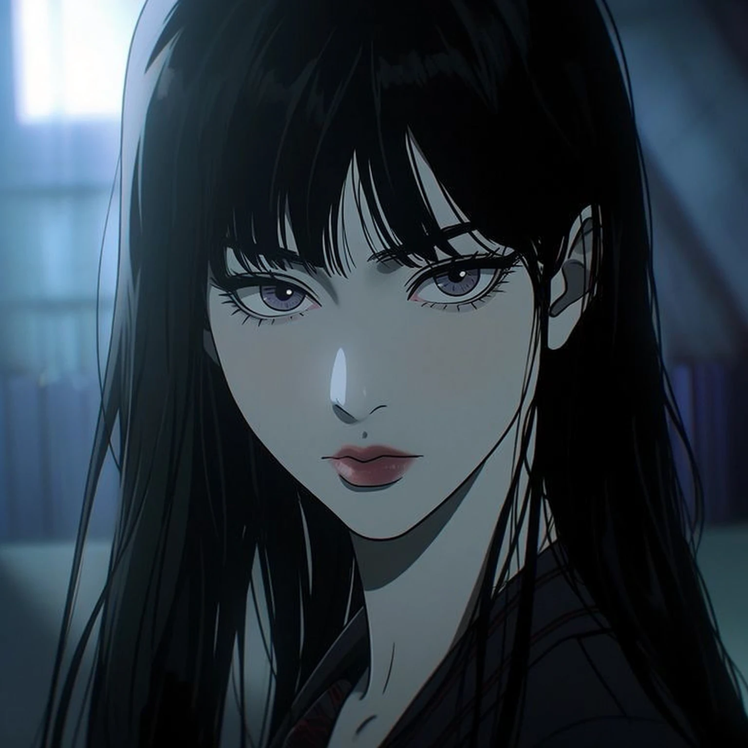 Japanese cartoons, A girl with long black hair and a black shirt, Japanese cartoons visual of a young woman, Lee Ji-eun plays the super villain, She has black hair,With bangs, female Japanese cartoons character, Ilya Kuvshinov(Ilya Kuvshinov)Long hair, screenshot from ???? Japanese cartoons, Japanese cartoons poster film still portrait, This is Junji's style., Junji is 4k