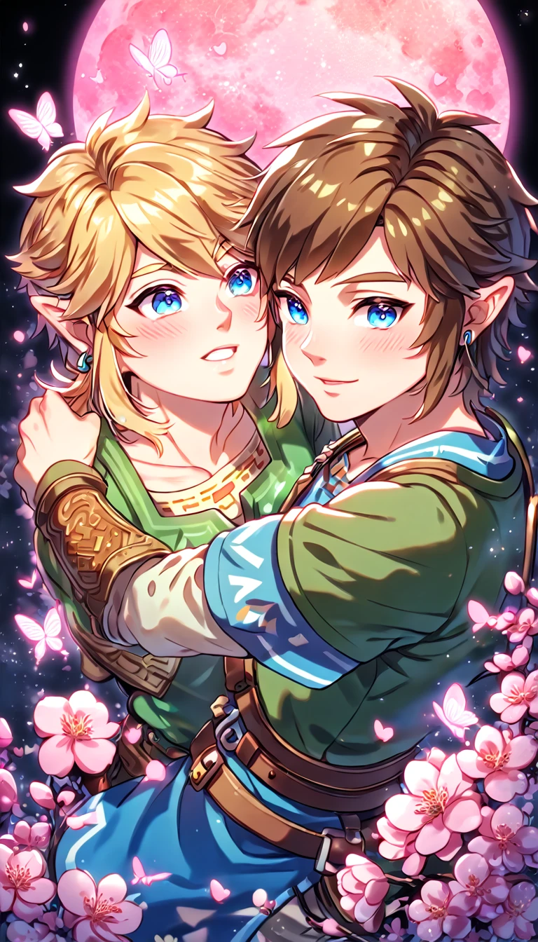 absurdres, highres, ultra detailed, HDR, master piece, best quality, extremely detailed face, delicated features, Link, brown hair, expressive blue eyes, The Legend Of Zelda, Link, blonde hair, expressive blue eyes, two sexy men together, gay couple, yaoi, handsome, green tunic, blue tunic, fantasy, magical, radiant, pink butterflies, pink flowers, night sky, shinning pink moon, blossoms, Twilight Princess & Breath Of The Wild