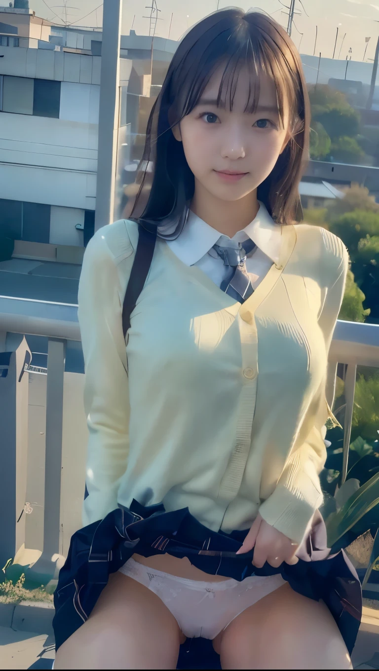 Hair in a ponytail1.5、High school girl uniform white blouse、(8k、Raw、professional、highest quality、masterpiece:1.2)、(Real、Photorealistic:1.37)、Ultra-detailed、(Portrait of an -yeld wo)、(Highest Detail Skin:1.2)、(Highest detail face:1.2)、1woman、16-year-o、BlHair、g Hair、High 、Japanese High Raw Sailor Suit Uniform、The wind flipped her pleated miniskirt, revealing her white lace panties.)、Sunset sky、The cityscape at dusk can be seen in the distance、golden hour、)、(school uniform1.5、Green blazer 1、Dress shirt 、School emblem 、emblem 、Green tie、Brown pleated skirt 1.5、Brown checkered skirt 1.5、Green below-the-knee skirt 1.5、Brown knee-high socks 1.5)、The skirt is rolled up to the stomach、Squatting down and lifting up your skirt、(White panties look good on her 1.5、Highly detailed expensive panties1.5、The crotch area fits snugly against the female genitals1.5)