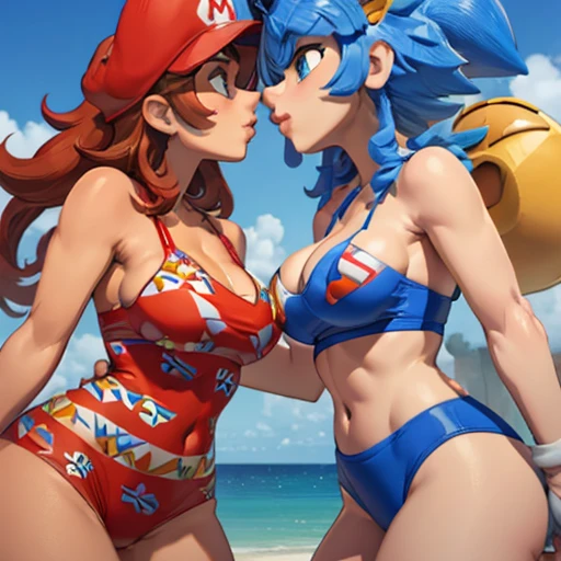 Mario and Sonic as women, 2 piece beachwear, kissing totally naked, on the beach. 