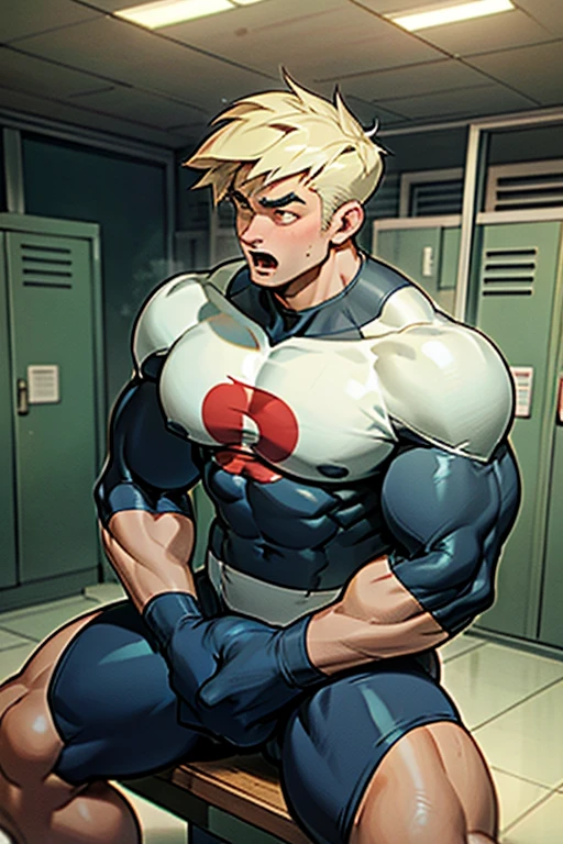 Danny Fenton in a steamy locker room sitting on a wooden bench with brainwashed football jocks sitting on either side of him as he struggles not to be brainwashed as he is assimilated into their team. Turning into stereotypical football jock just like Dash Baxter. Black hair partially turned blonde. hyper muscles. Big biceps. Big triceps. Big traps. big lats. big deltoids. Big meaty pecs. Swollen hyper crotch bulge. Tenting crotch. Open mouth. Mindless blank stare. IQ drain. Dumber and dumber. big dumb jock. Jock assimilation. Hypnosis. Hypnotic trance. Brainwashing. Brainwashed. Hypnotized. Entranced. Jock assimilation. Jock conversion. Meathead. Musclehead. Brute. Bro. "Feeling ... kinda funny, like ... like my head is ... empty ... No thoughts, just ... just..... NO! Focus, Danny! I have to resist. Have to ... break free.... Have to ... have to..... I ... m-must.... I ... must...." Speaking in a dull monotone as he falls into trance. "Listen, ... repeat, ... conform, ... obey...." Speaking in unison with the other jocks in the locker room. "I ... I am sweaty. ... I am horny. ... I am sexy. ... I am dumb.... I'm just a mindless.... I'm just an empty, ... stupid, ... strong jock.... We are sweaty. ... We are horny. We are sexy. ... We are dumb. We are just mindless. We are just empty, ... stupid, ... strong jocks.... We are sweaty...." Repeating over and over. Football uniform. Cleats. Shoulder pads. Jockstrap. Football team assimilation. Jock assimilation. Brain drain.