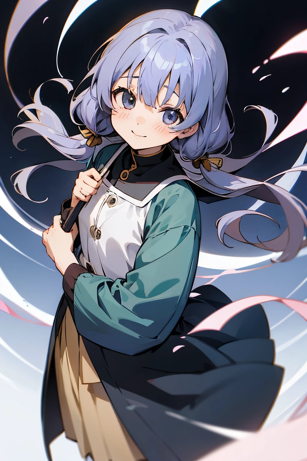 Around 16 years old、Girl、Height 162-165cm、Weight 45kg、B76cm,W59、Anime cartoon style、App game style、uniform、front、Silver Hair、Slender、Anime illustration、Deformed character、Deformed illustration、Manga Time Kirara、Laid-back Camp △、K-ON!、KyoAni、Kyoto Animation、contrast、kind、Soft、soft、bright、Retro、Showa、old、long ago、Smile、Small breasts、Hiding one eye