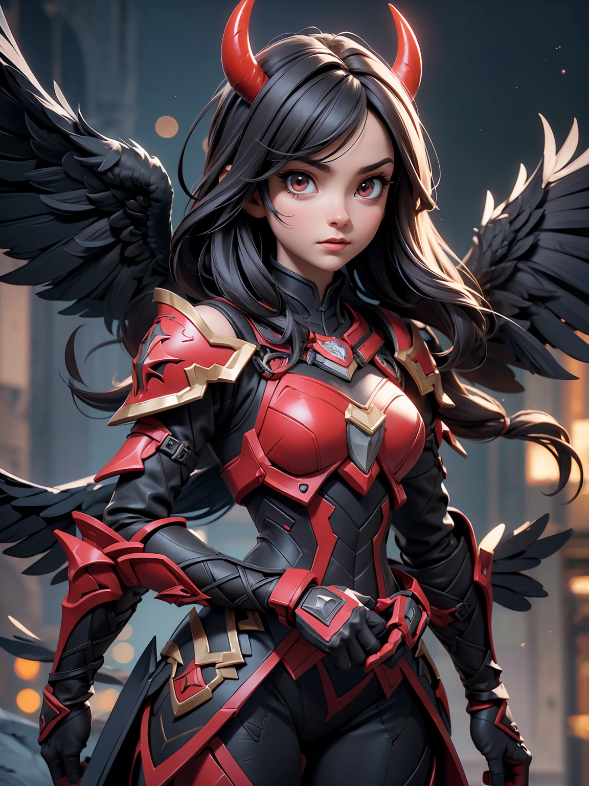 1girl, devil_angel, devil_angel_wings, dark_armor, feathers_long, wing, dark_feathers_hair, shoulder_armor, solo, upper_body, black_and_red_theme, dark_wings, wings, best_quality, 4k, 8k, highres, masterpiece:1.2, ultra-detailed, realistic, photorealistic:1.37, HDR, UHD, studio_lighting, ultra-fine_painting, sharp_focus, physically-based_rendering, extreme_detail_description, professional, vivid_colors, bokeh, digital_painting, dramatic_lighting, intricate_details, cinematic_composition, fantasy_art