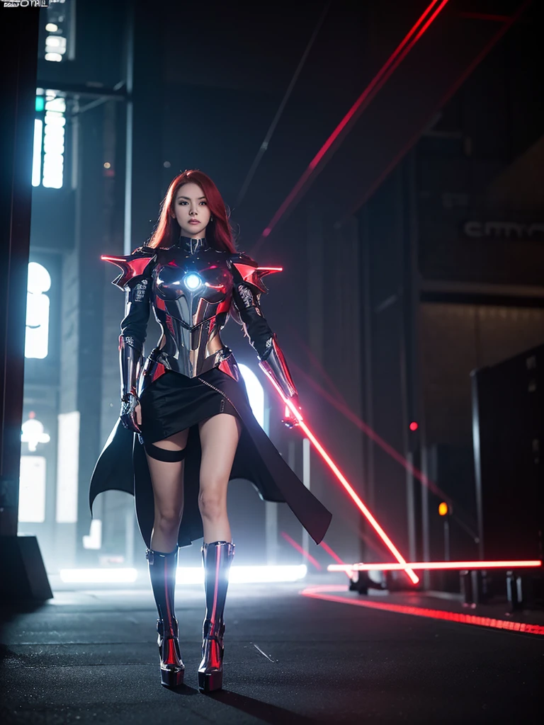 red hair girl, mecha, cyborg, android. laser eyes. beautiful. sad, confused. Full Body, stainless mirror, luxurious metal, gold stainless, black carbon, white porcelain, neon glow circuits. light futuristik armor. highheels. one model for all poses. longshot camera. wide angle photos. hyper-realistic. ultra details. 4D render. real human. real being. cinematic photography. black ambience low lights dowtown city skirt background. very clear images. UHD.