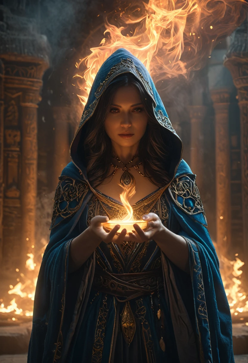 (best quality,4k,8k,highres,masterpiece:1.2),ultra-detailed,(realistic,photorealistic,photo-realistic:1.37),woman, hermeticwizard, hkmagic, fire_magic, ornate_hooded_robe, talisman, runes, dust, lightrays, ancient_tomb in the background, cinematic shot, dramatic lighting, dim lighting, deep shadow,otherworldly,terrifying,highly detailed face and body,mystical aura,dark,ominous atmosphere,cold color palette,energy emanating,powerful presence,ethereal beauty,herculean strength,captivating gaze,unsettling presence,haunting and mesmerizing,horrifyingly enchanting