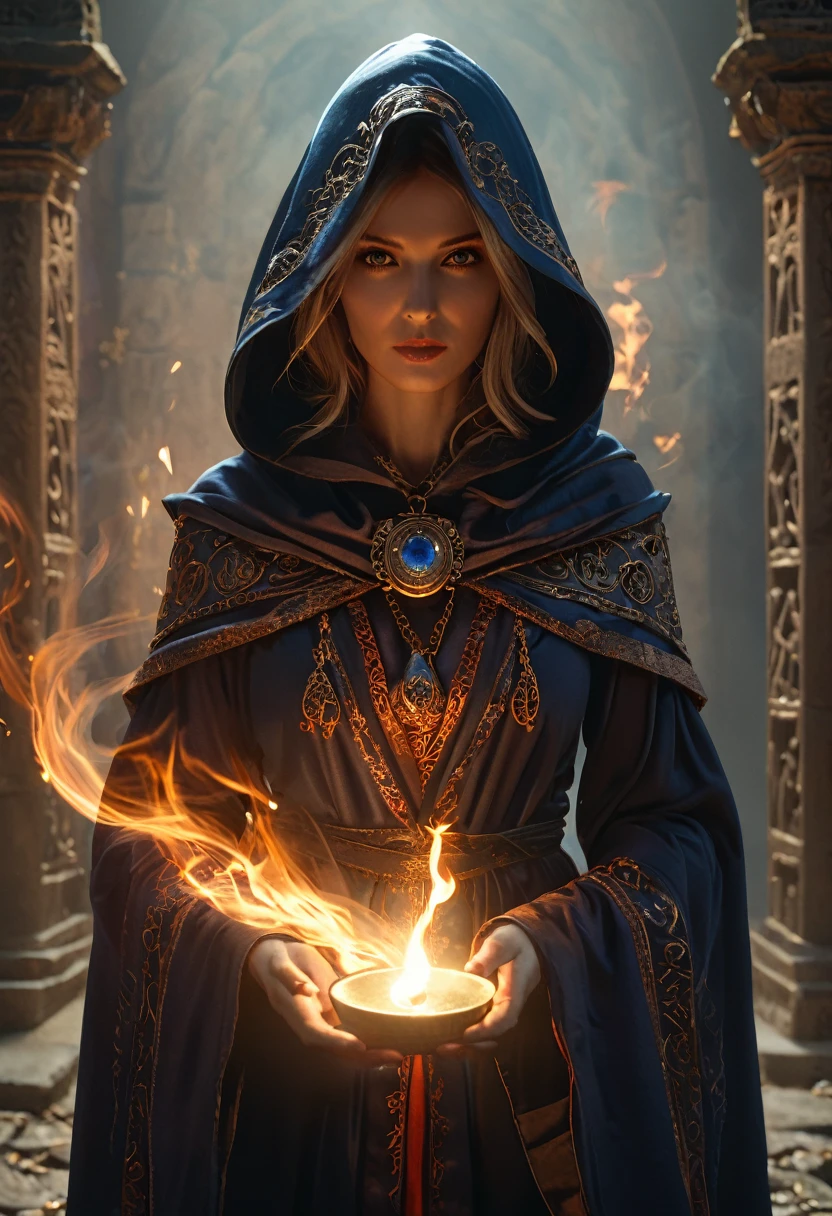 (best quality,4k,8k,highres,masterpiece:1.2),ultra-detailed,(realistic,photorealistic,photo-realistic:1.37),woman, hermeticwizard, hkmagic, fire_magic, ornate_hooded_robe, talisman, runes, dust, lightrays, ancient_tomb in the background, cinematic shot, dramatic lighting, dim lighting, deep shadow,otherworldly,terrifying,highly detailed face and body,mystical aura,dark,ominous atmosphere,cold color palette,energy emanating,powerful presence,ethereal beauty,herculean strength,captivating gaze,unsettling presence,haunting and mesmerizing,horrifyingly enchanting