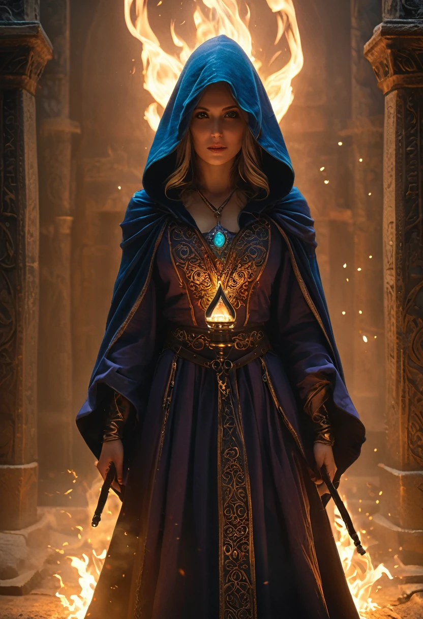 (best quality,4k,8k,highres,masterpiece:1.2),ultra-detailed,(realistic,photorealistic,photo-realistic:1.37),woman, hermeticwizard, hkmagic, fire_magic, ornate_hooded_robe, talisman, runes, dust, lightrays, ancient_tomb in the background, cinematic shot, dramatic lighting, dim lighting, deep shadow,otherworldly,terrifying,highly detailed face and body,mystical aura,dark,ominous atmosphere,cold color palette,energy emanating,powerful presence,ethereal beauty,herculean strength,captivating gaze,unsettling presence,haunting and mesmerizing,horrifyingly enchanting