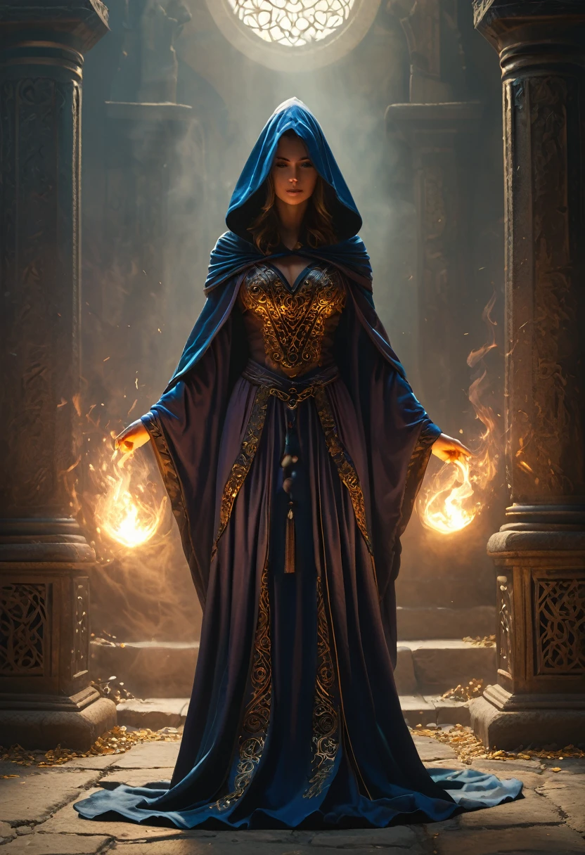 (best quality,4k,8k,highres,masterpiece:1.2),ultra-detailed,(realistic,photorealistic,photo-realistic:1.37),woman, hermeticwizard, hkmagic, fire_magic, ornate_hooded_robe, talisman, runes, dust, lightrays, ancient_tomb in the background, cinematic shot, dramatic lighting, dim lighting, deep shadow,otherworldly,terrifying,highly detailed face and body,mystical aura,dark,ominous atmosphere,cold color palette,energy emanating,powerful presence,ethereal beauty,herculean strength,captivating gaze,unsettling presence,haunting and mesmerizing,horrifyingly enchanting